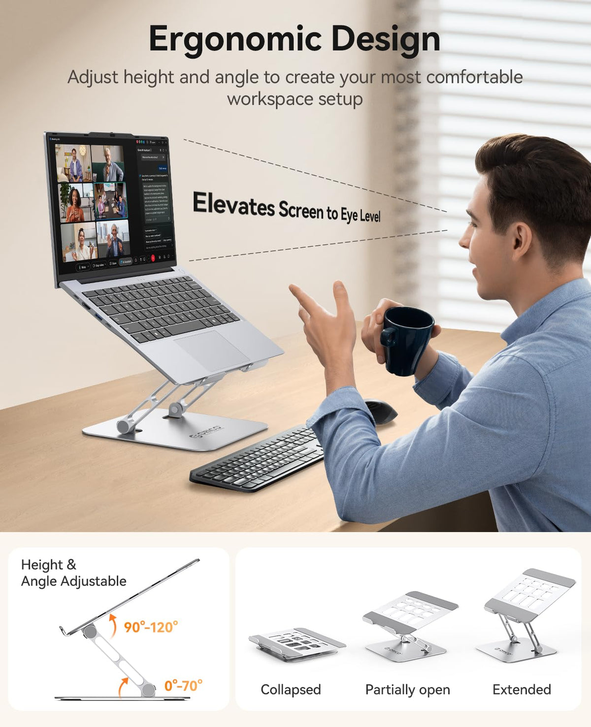 ORICO Ergonomic Laptop Stand for Desk, Height Adjustable Aluminum Alloy Laptop Riser, Foldable Computer Holder Compatible with MacBook, Dell XPS - image 2