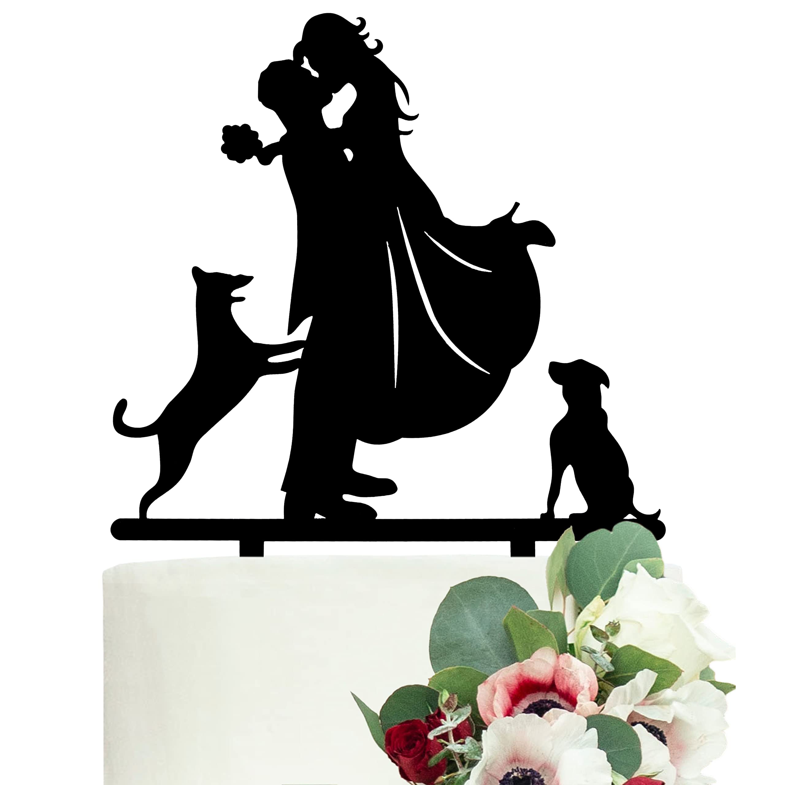 LOVENJOY Dog Wedding Cake Topper - Bride and Groom with 2 Dogs, Frosted Acrylic
