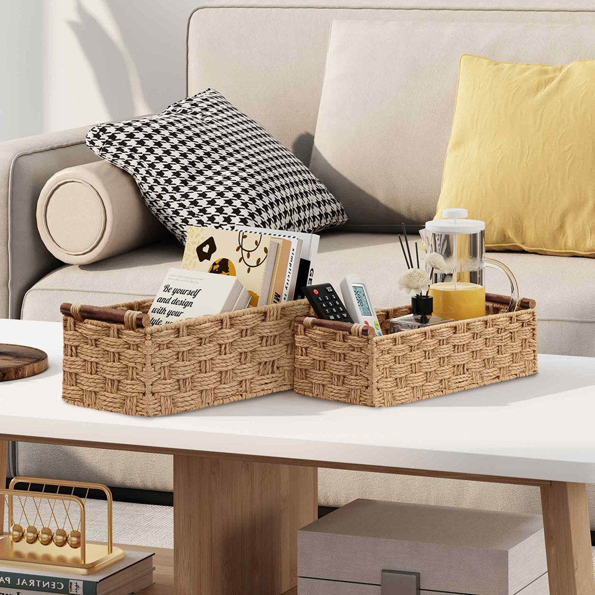Vagusicc Wicker Storage Basket with Handle, Set of 2 Handwoven Paper Rope Storage Basket for Shelves - image 2