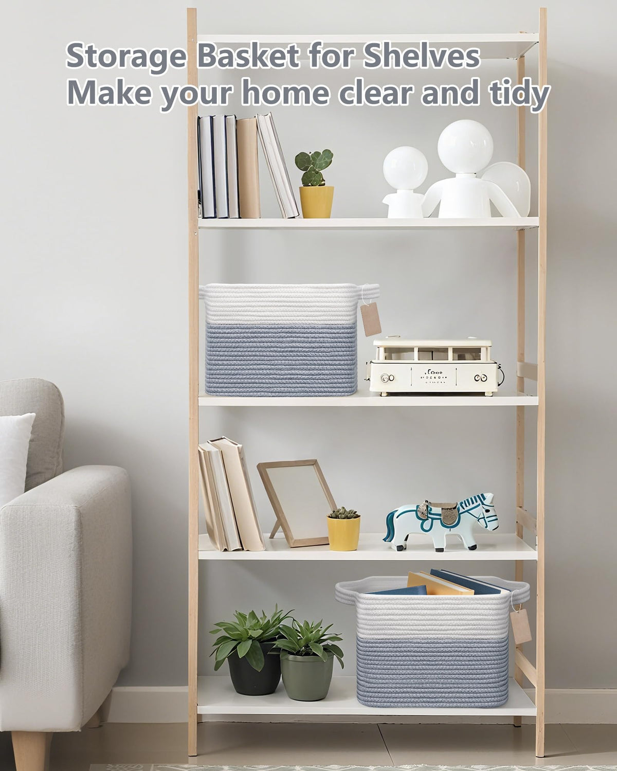 JOJOSEE Small Cotton Woven Storage Basket for Shelves, White&Grey,3PCS - image 5