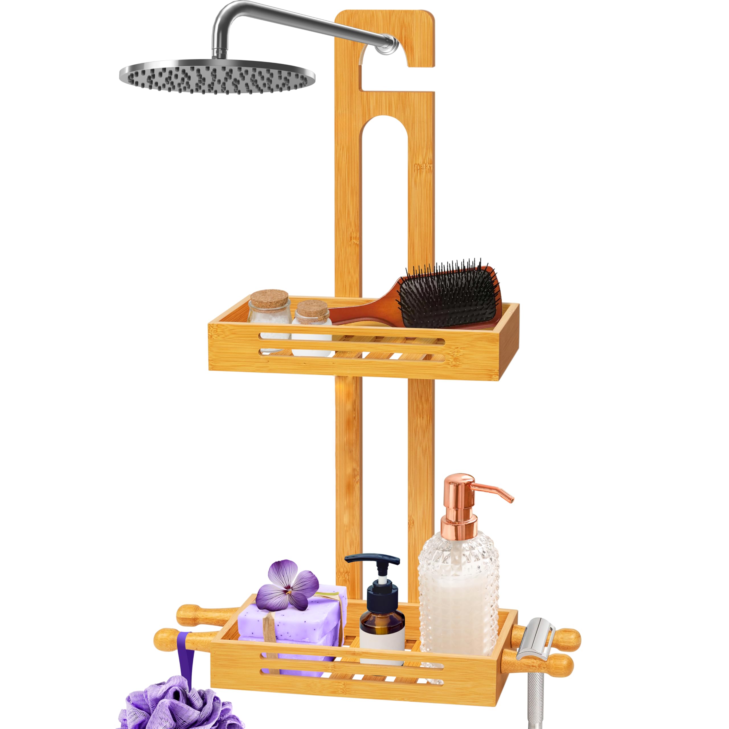 SereneLife Bamboo Hanging Shower Caddy – 2-Tier Anti-Slip Organizer