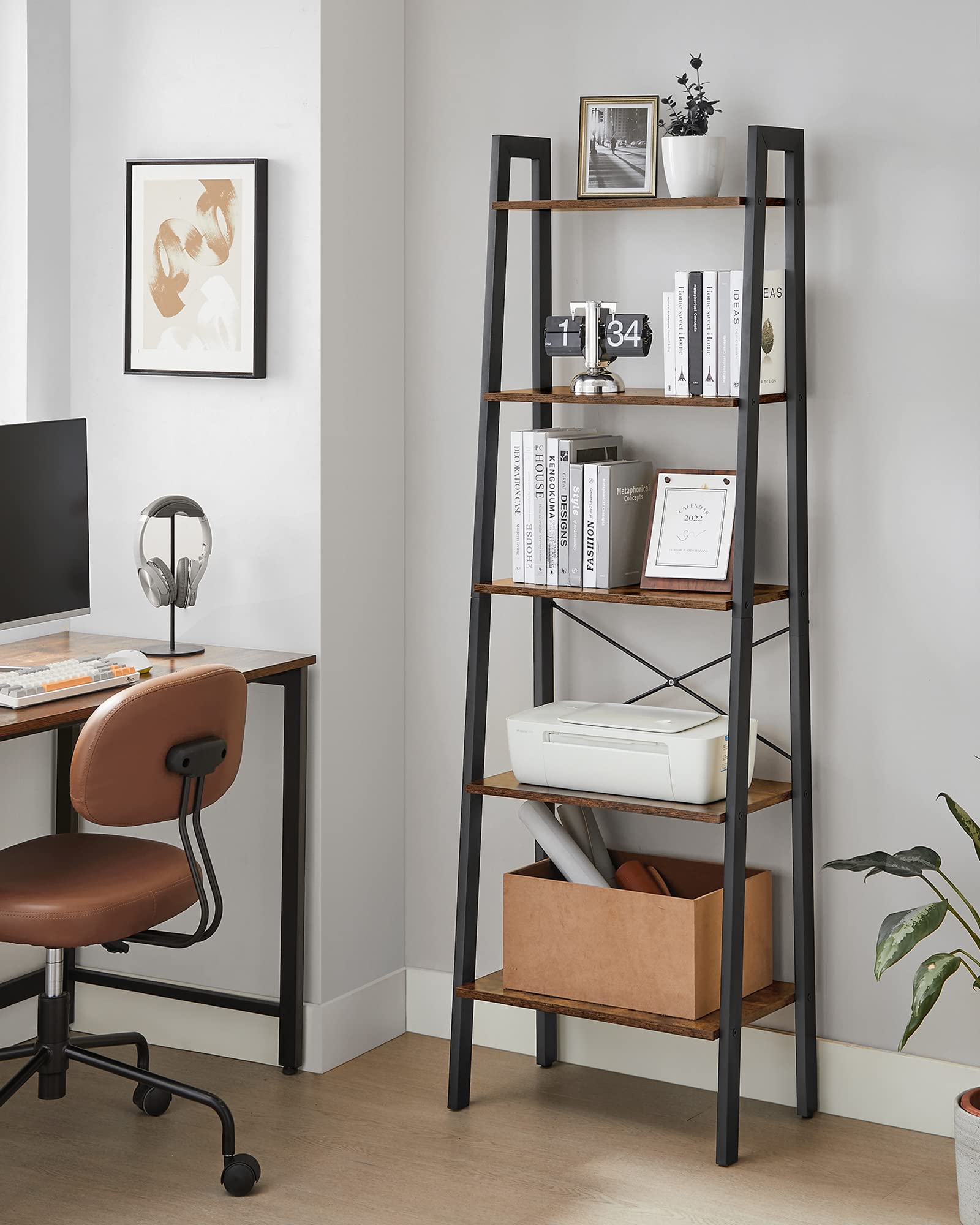 VASAGLE 5-Tier Industrial Ladder Shelf | Rustic Brown Metal Bookcase