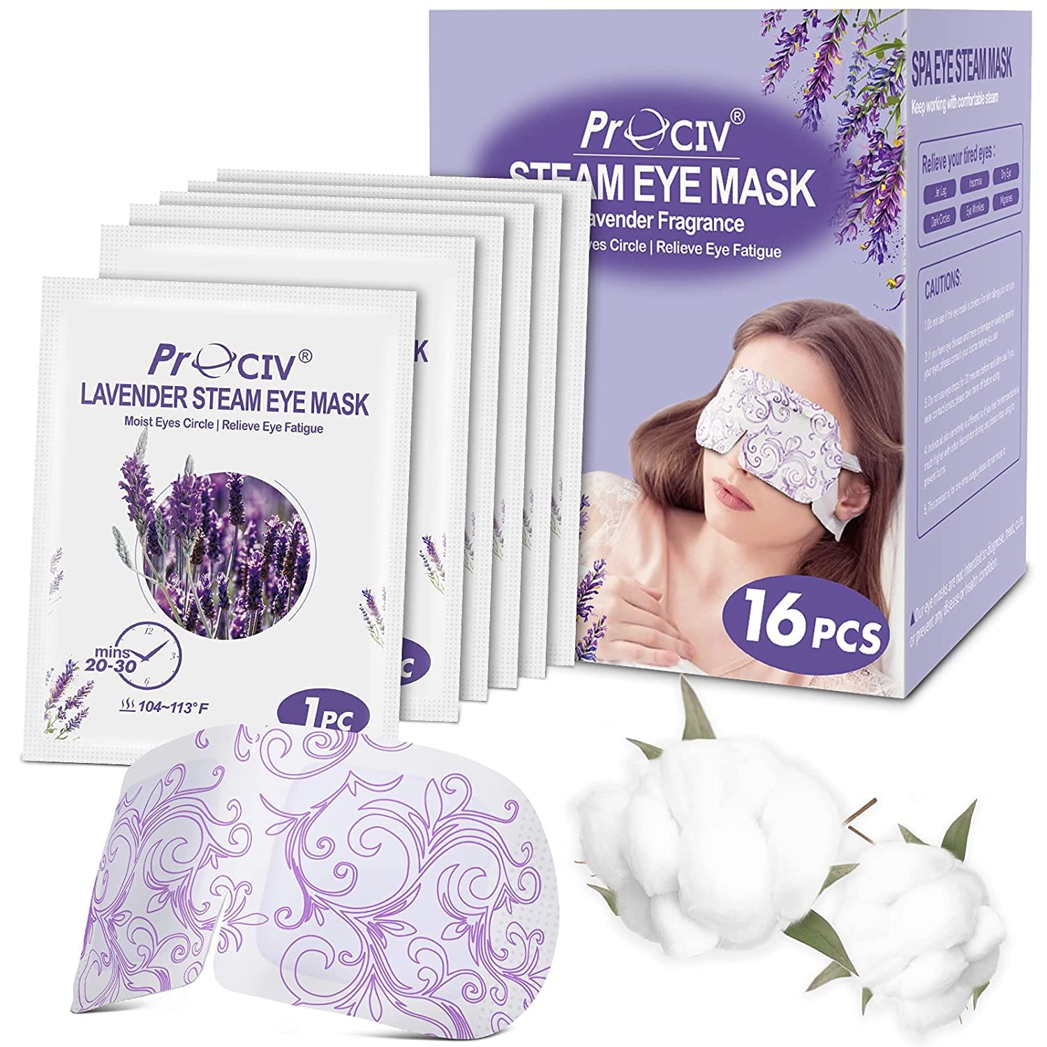 ProCIV Steam Eye Mask - 16 Pack Self-Heating Lavender Masks for Dry Eyes