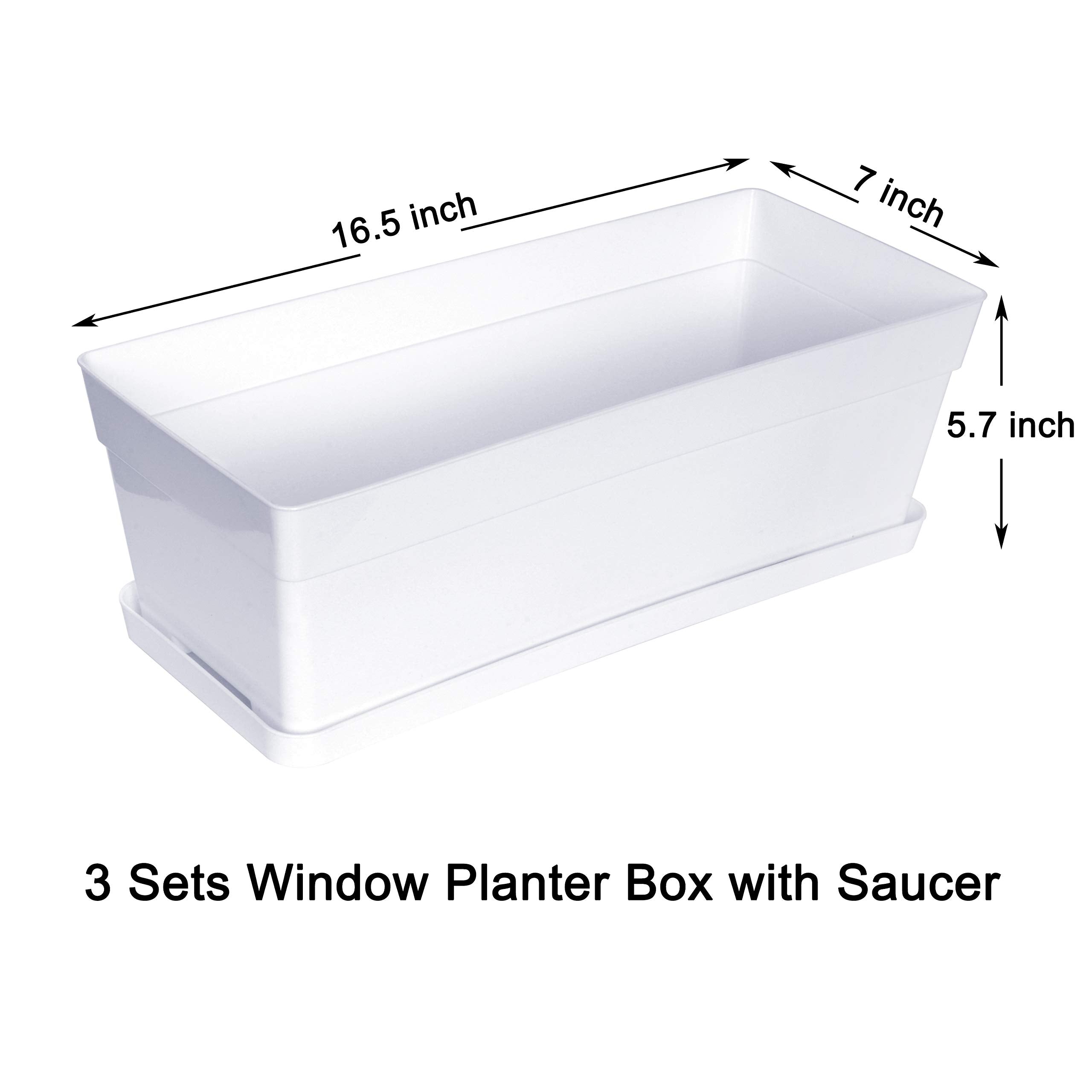Youngever 3-Pack Plastic Window Box Planter with Tray, White – 38CM