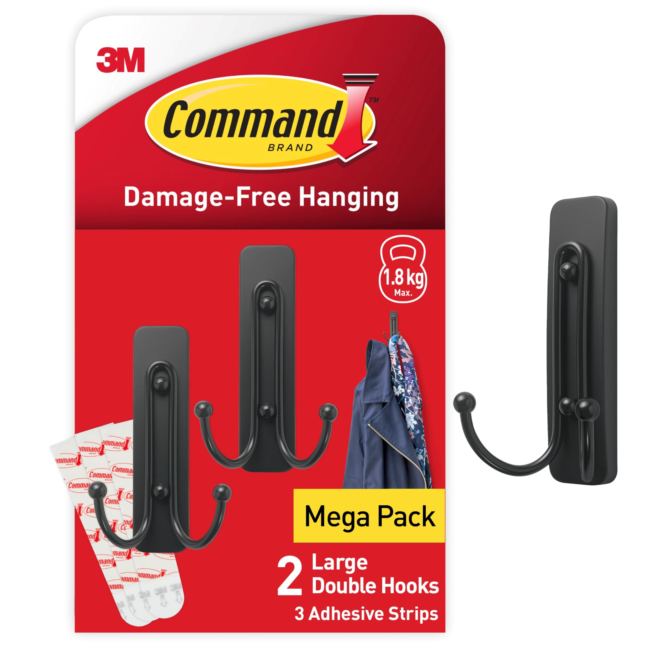 Command Matte Black Double Metal Hooks – Damage-Free Adhesive Wall Hooks
