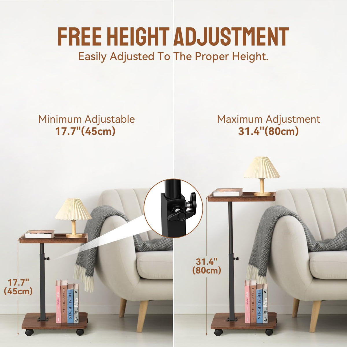 YYW Adjustable C Shaped Side Table with Wheels, 360° Swivel Sofa Table - image 2