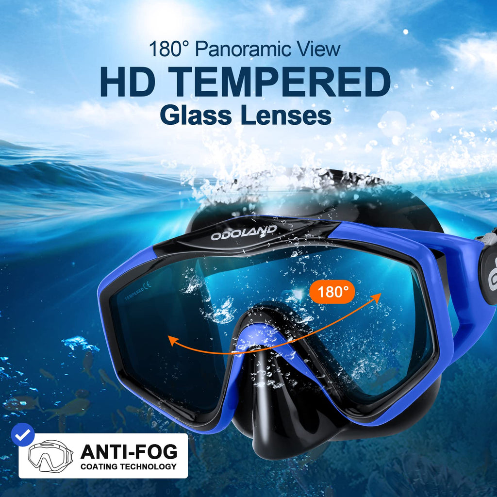Odoland Snorkel Set | Panoramic Mask, Dry Top Snorkel & Fins - Blue