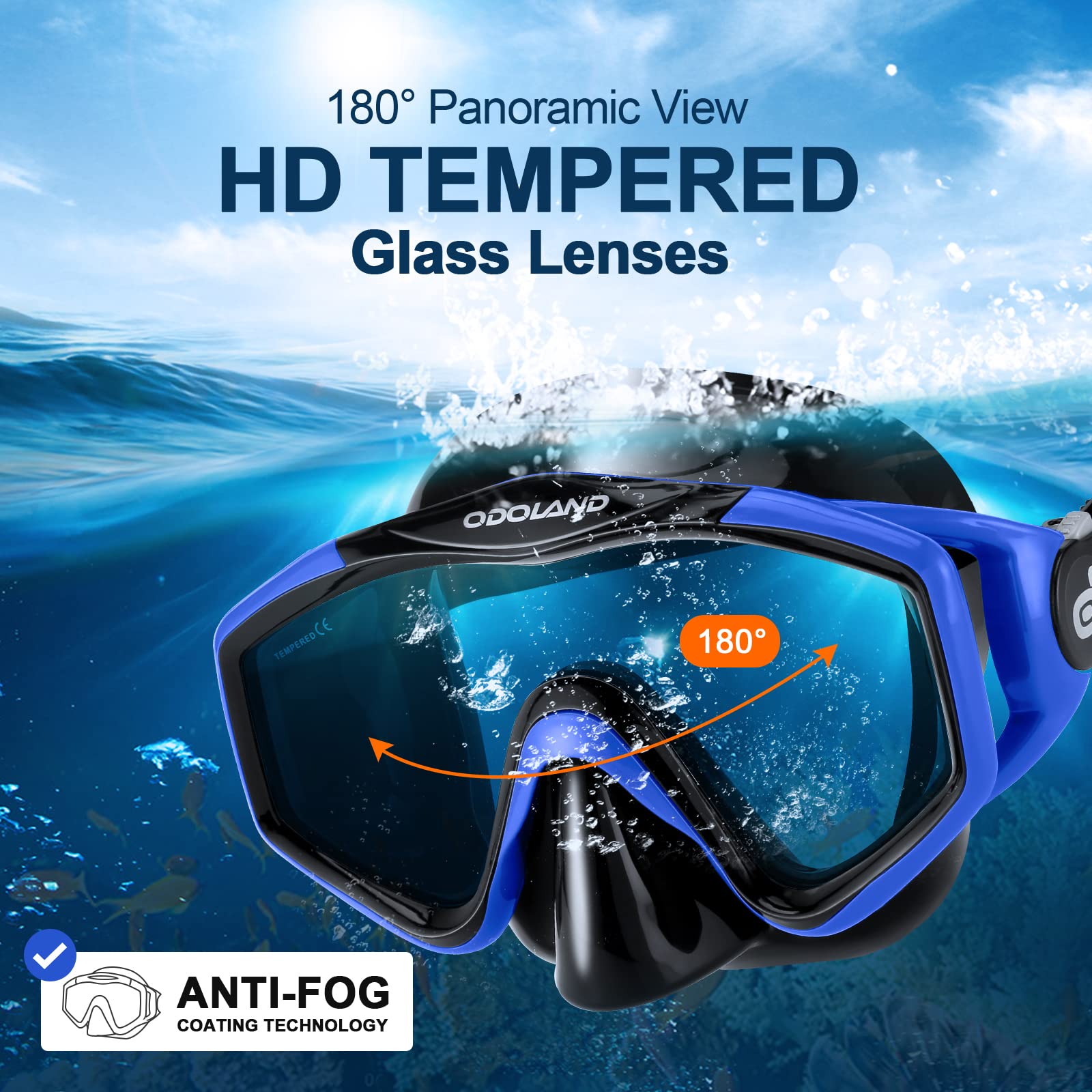 Odoland Snorkel Set | Panoramic Mask, Dry Top Snorkel & Fins - Blue