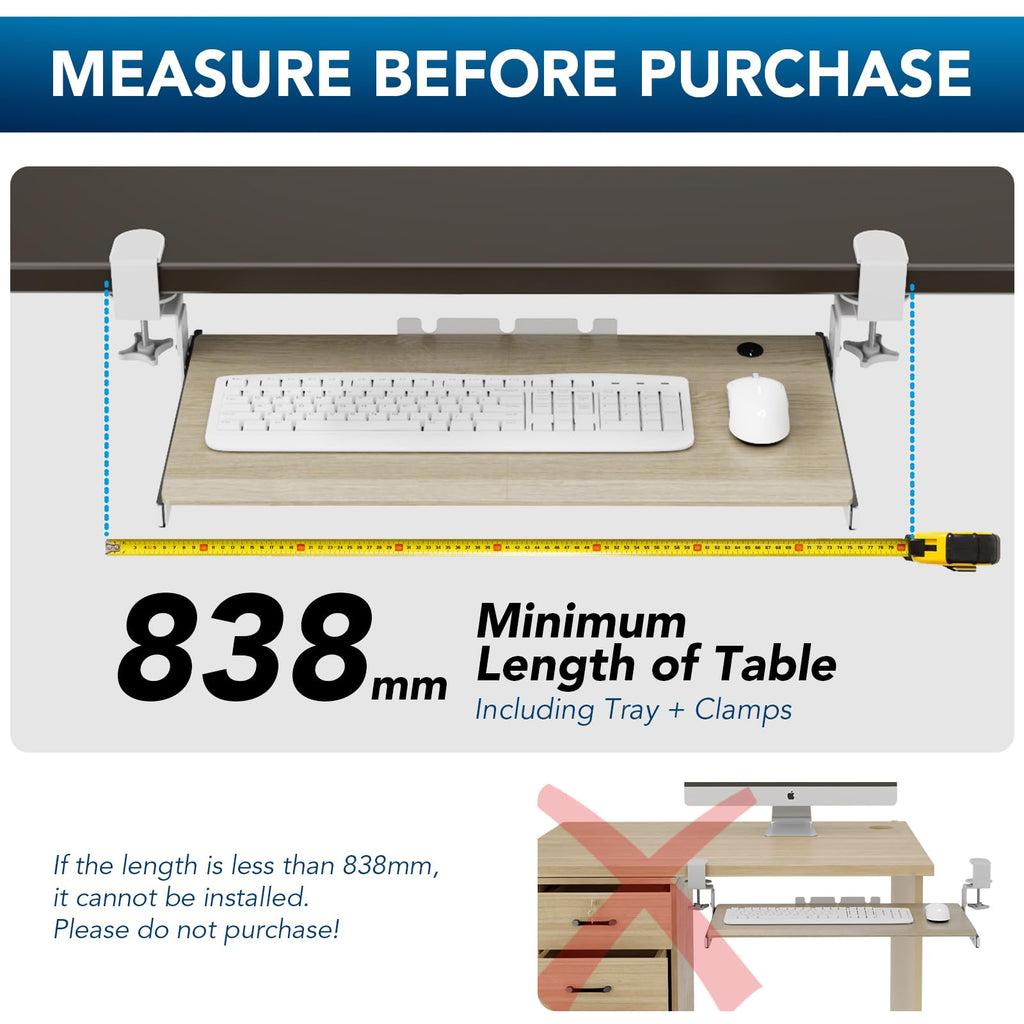 Keyboard Tray Under Desk Pull Out with Extra Sturdy C Clamp Mount System, 694 838mm Including Clamps x 300mm Slide-Out Platform Computer Drawer for - image 5