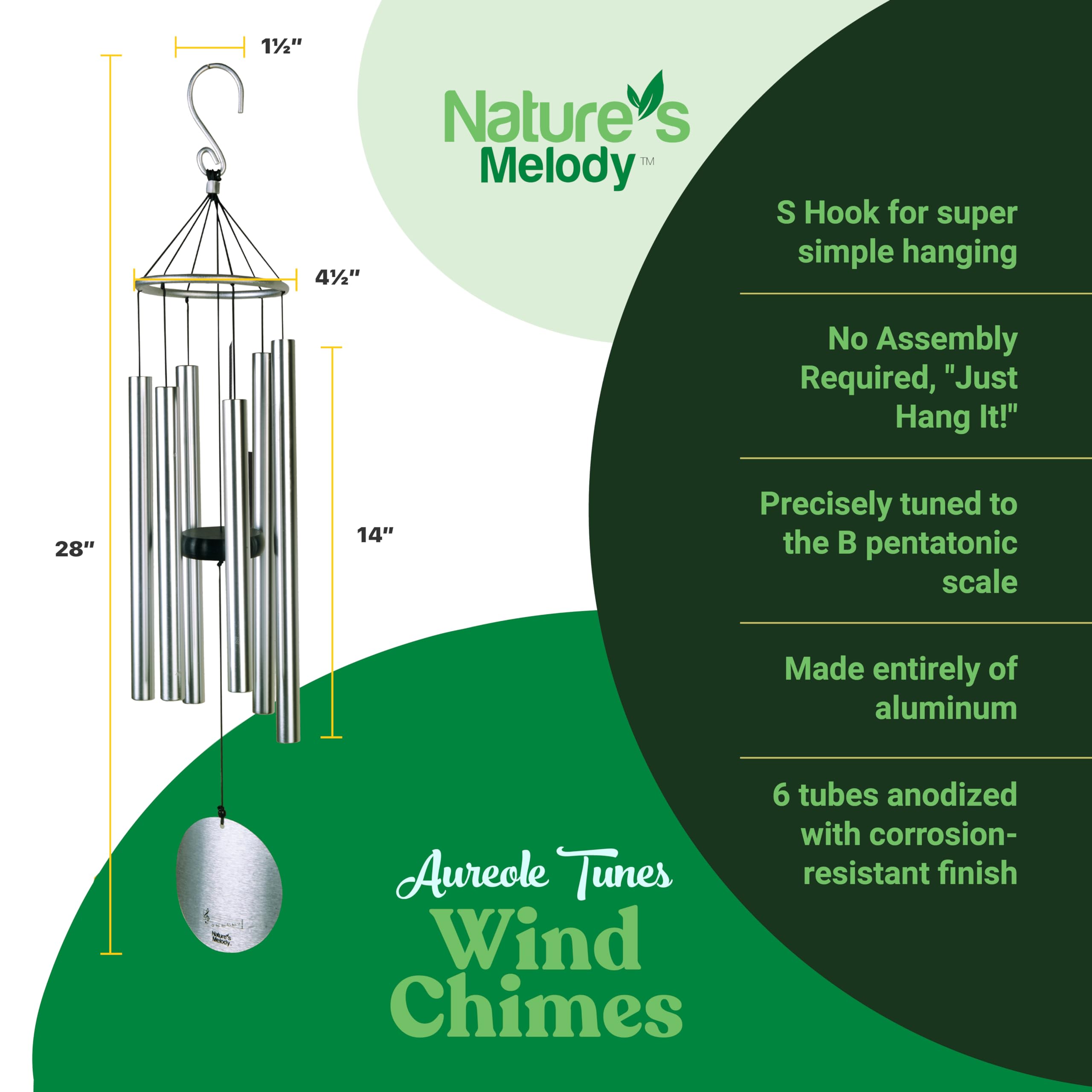 Nature's Melody Aureole Wind Chimes – 28 Inch Aluminum B Pentatonic