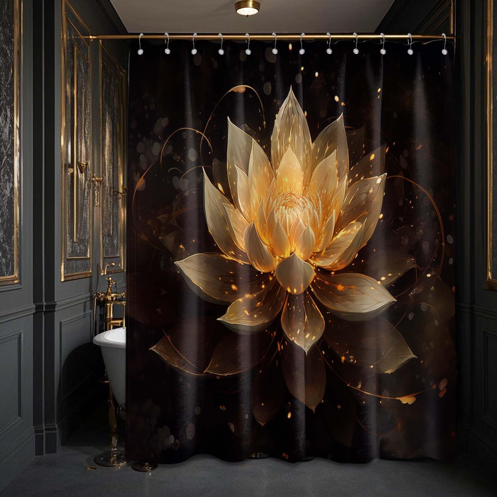 LanZanthic Lotus Shower Curtain - Black and Gold Floral Zen Fabric