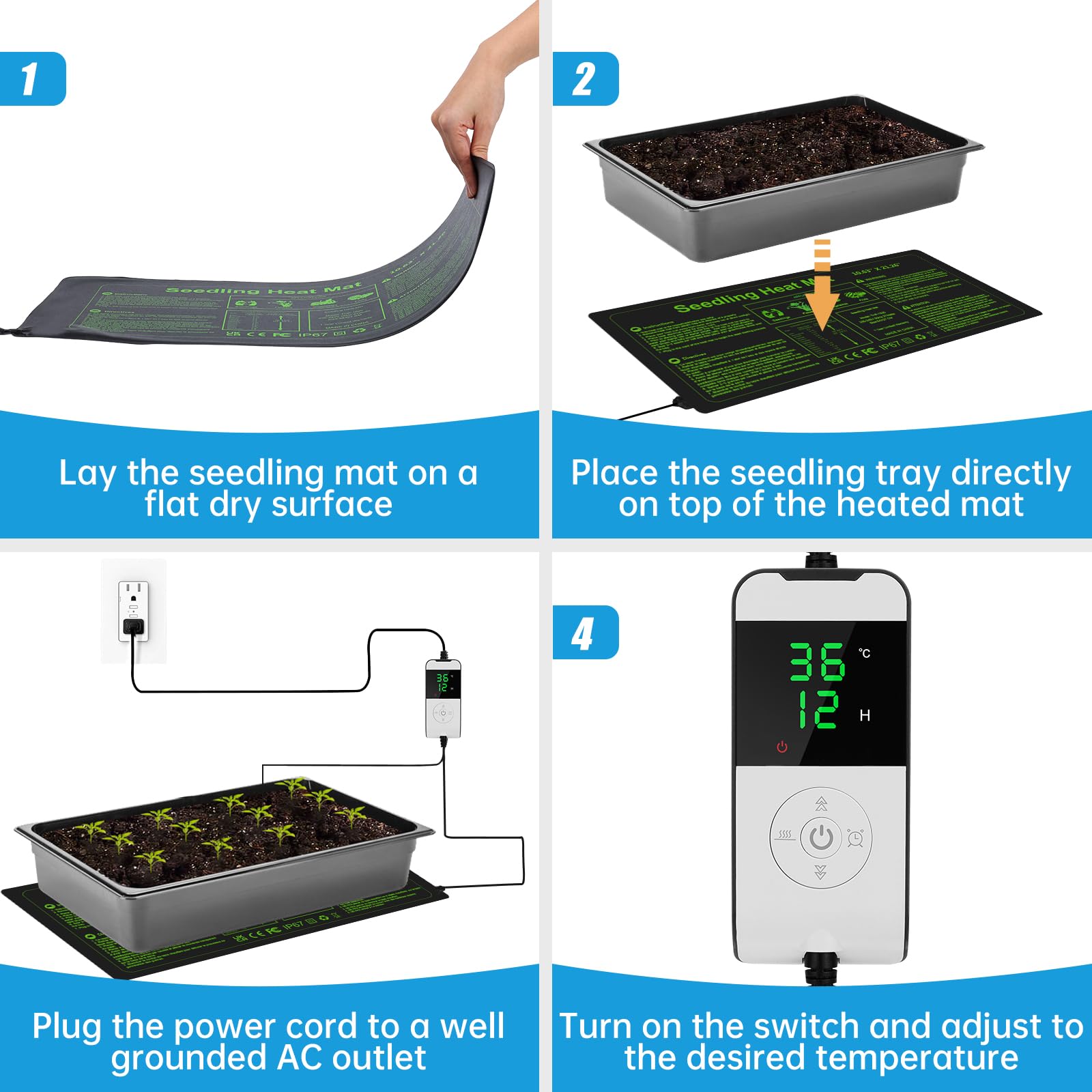 WADEO Seedling Heat Mat with Thermostat - 30W Waterproof Plant Heating Pad