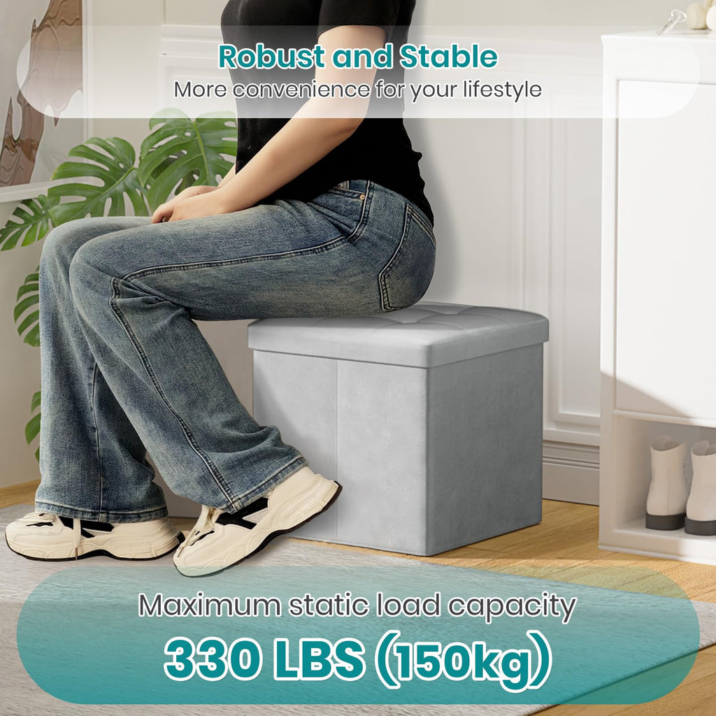 Oak & Tea Storage Ottoman Cube, Foldable Velvet Footstool, Light Grey - image 5