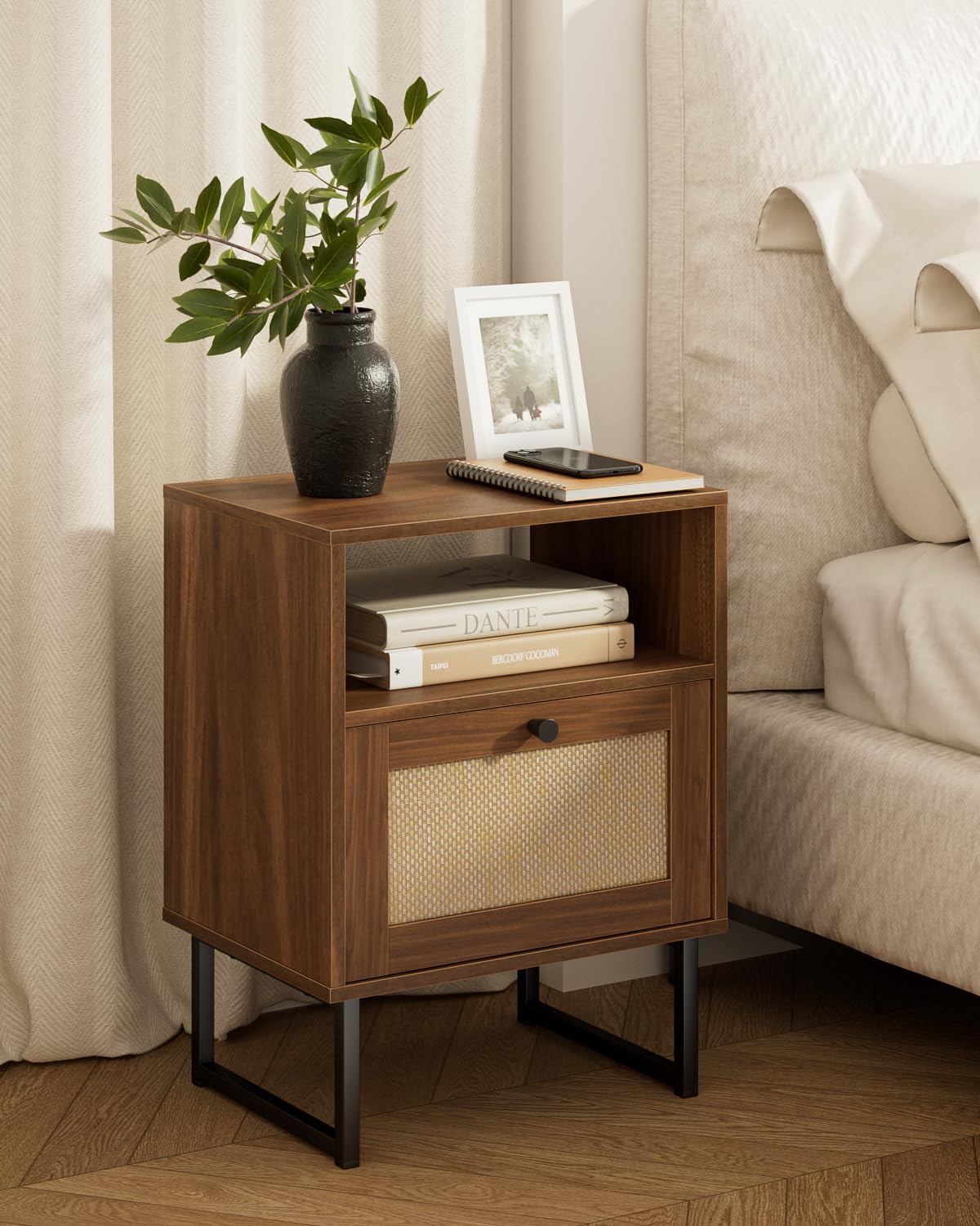 HEYZOEY Rattan Nightstand – Boho Wood Bedside Table with Storage Drawer