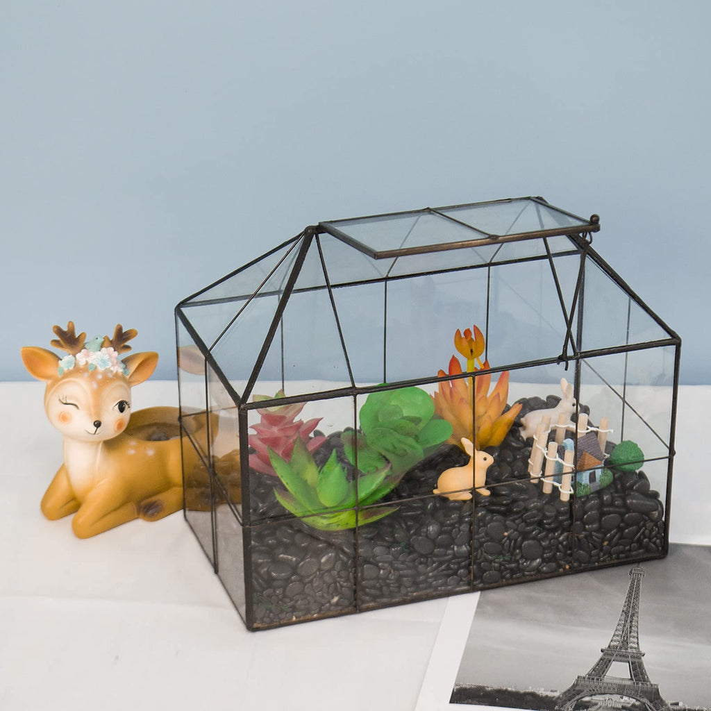 Large Glass Geometric Terrarium – Brass Tabletop Greenhouse