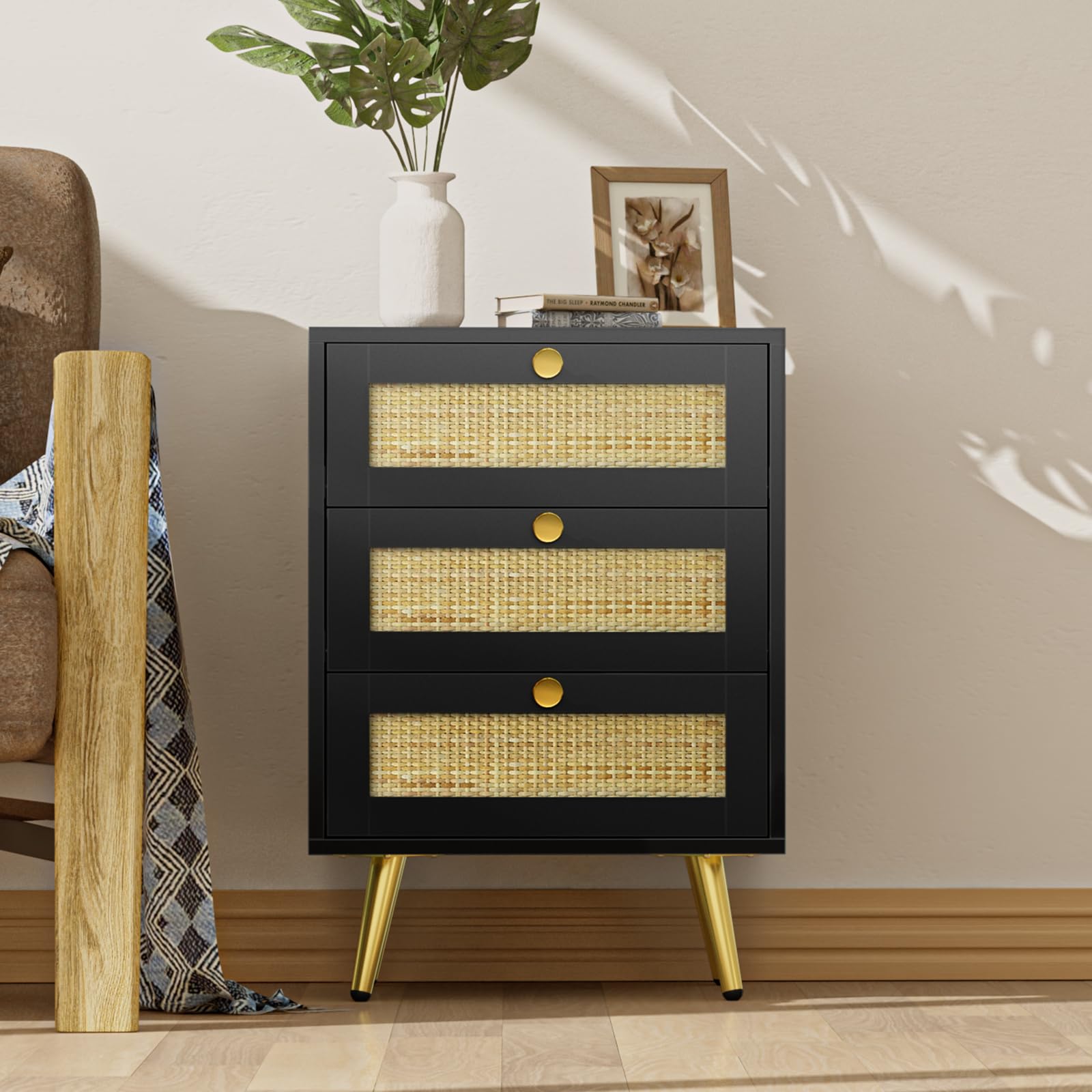 Skokliz Black Rattan Nightstand – 3-Drawer Wood Bedside Table