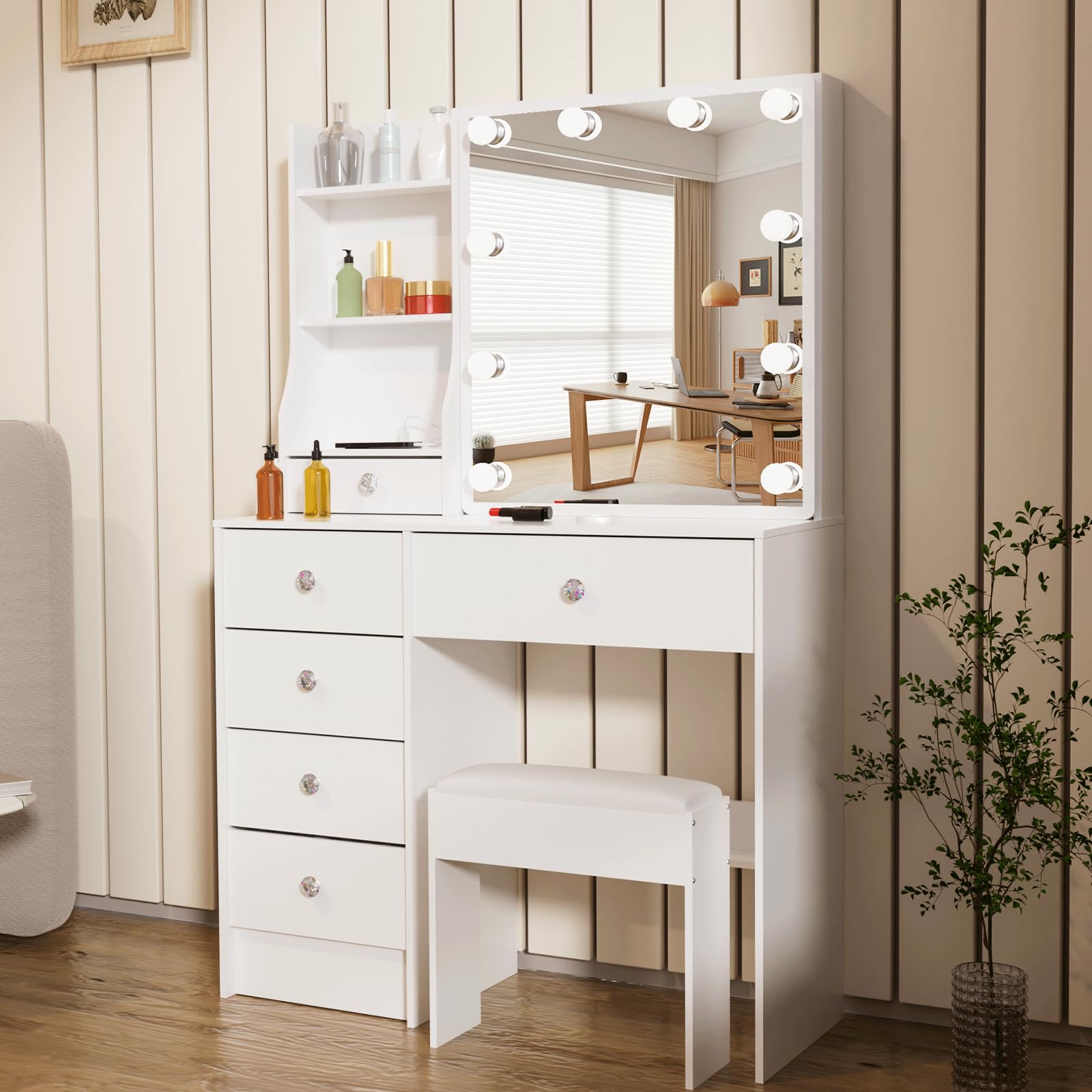 Umeiga Makeup Vanity Desk with Sliding Lighted Mirror and Stool – White