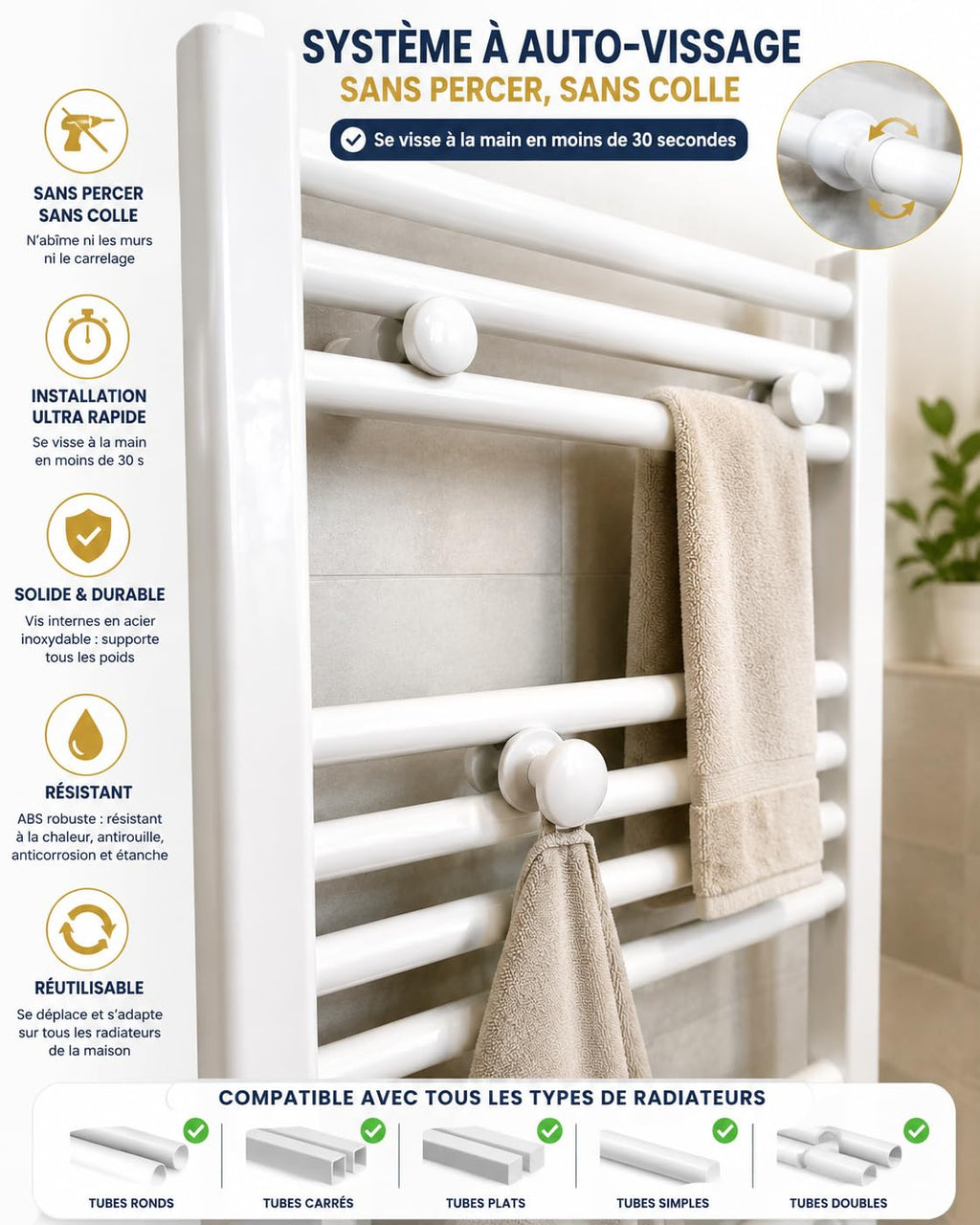Set of 2 White Towel Rail Hooks for Radiator Towel Dryer - Pair of Hooks White - image 2