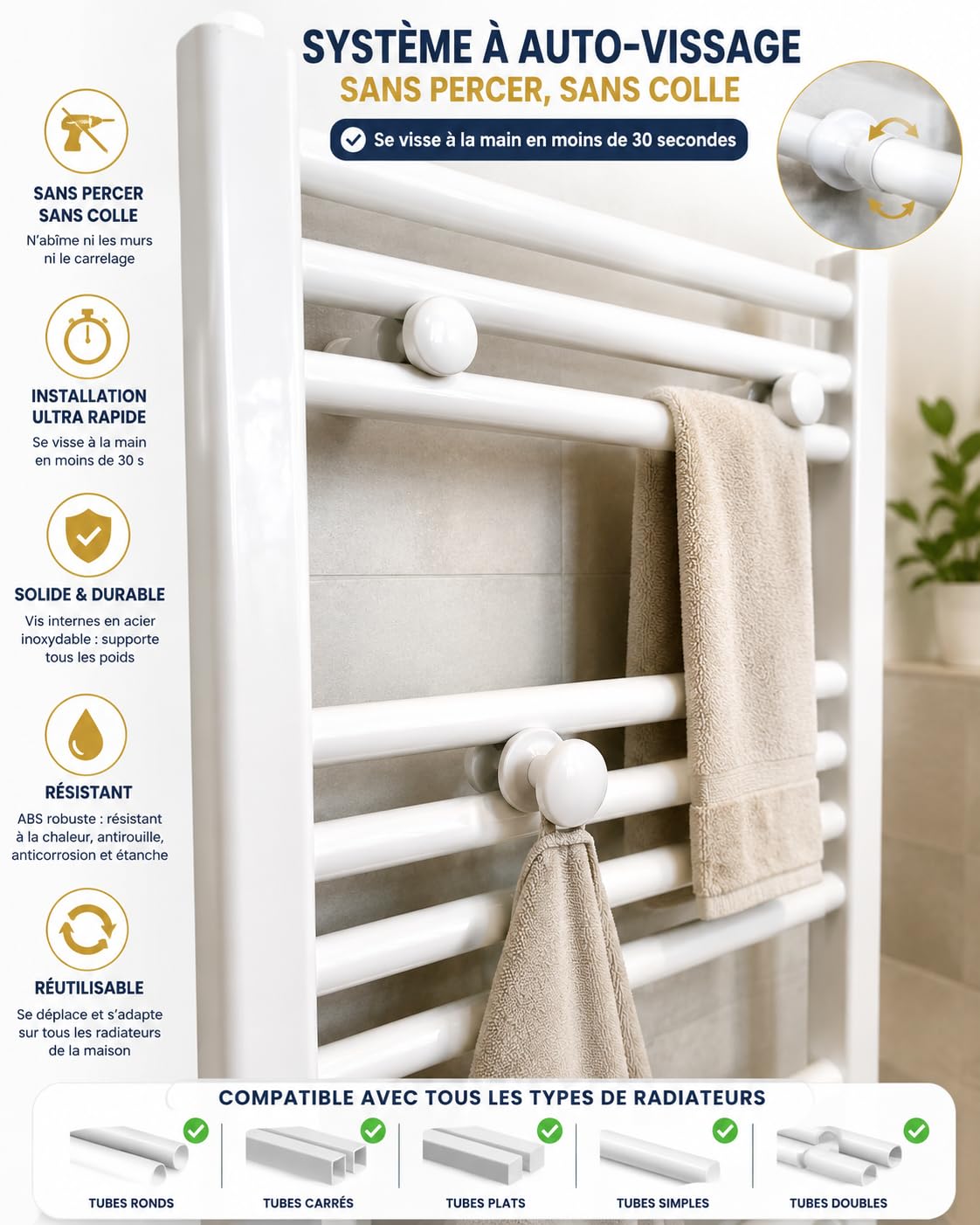 Set of 2 White Towel Rail Hooks for Radiator Towel Dryer - Pair of Hooks White - image 2