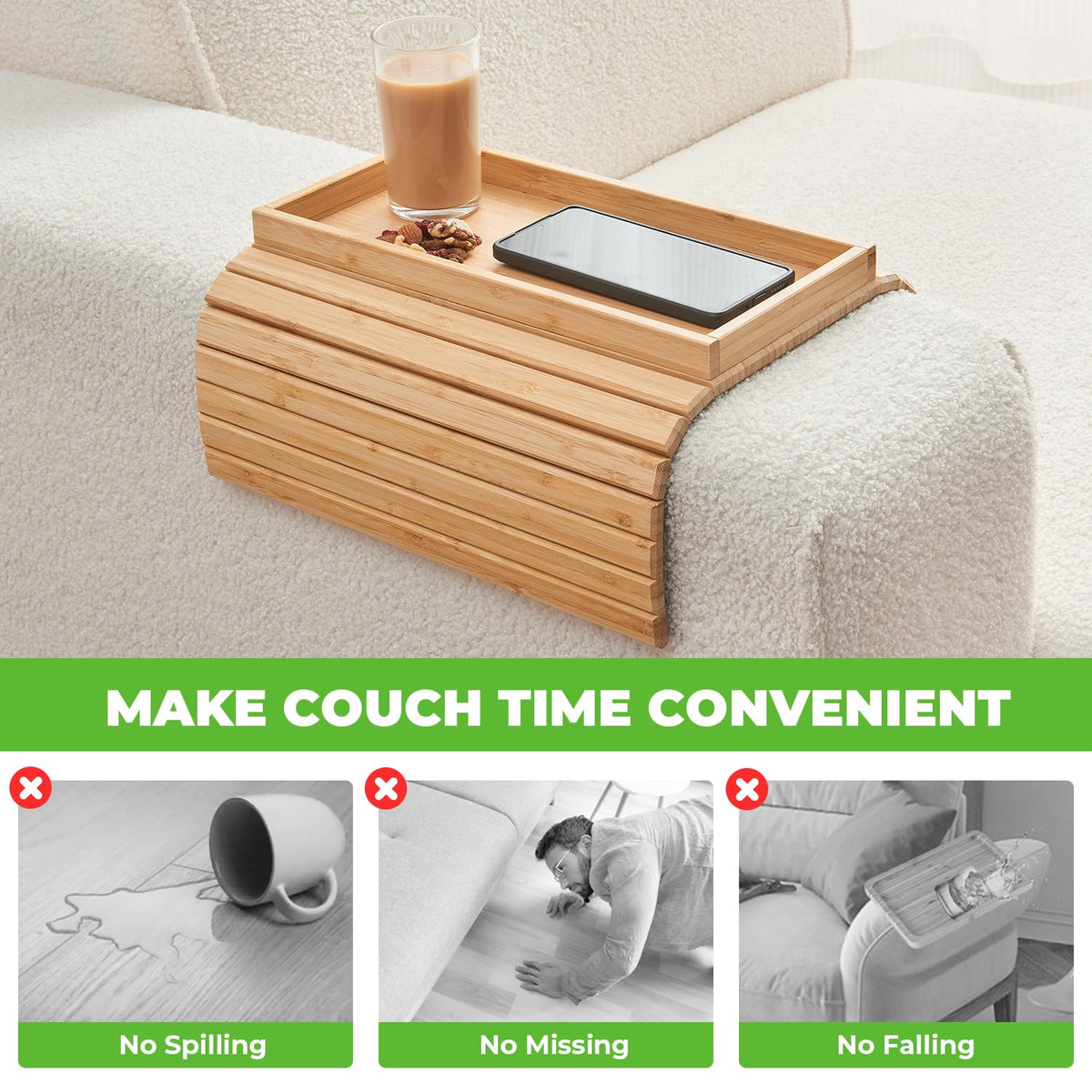 LOVYANXUE Bamboo Sofa Arm Tray, Anti Falling Couch Arm Tray Table, Foldable Couch Armrest Table, Portable Sofa Armrest Trays Cup Holder for Drink - image 2