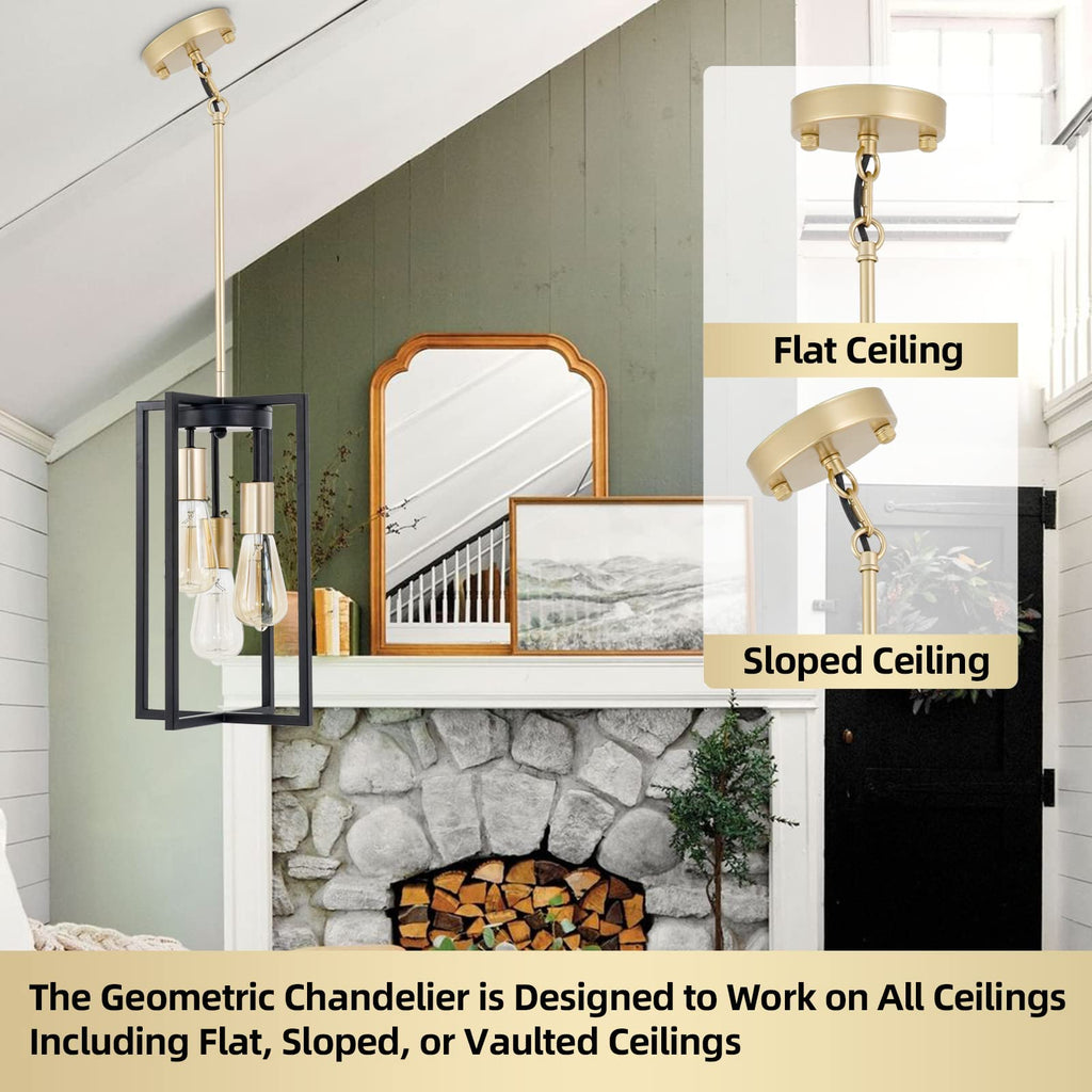 3-Light Geometric Pendant Light – Black & Gold Metal Chandelier