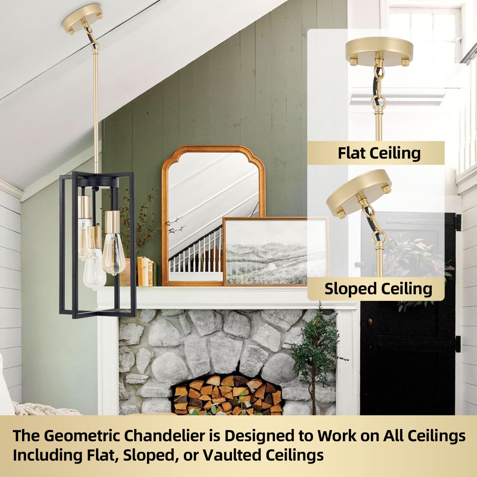 3-Light Geometric Pendant Light – Black & Gold Metal Chandelier