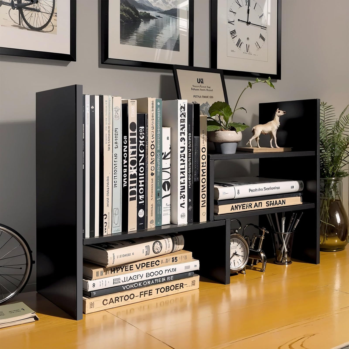 Wooden Desk Shelf, Adjustable Desktop Bookshelf, Small Black Bookcase - image 2