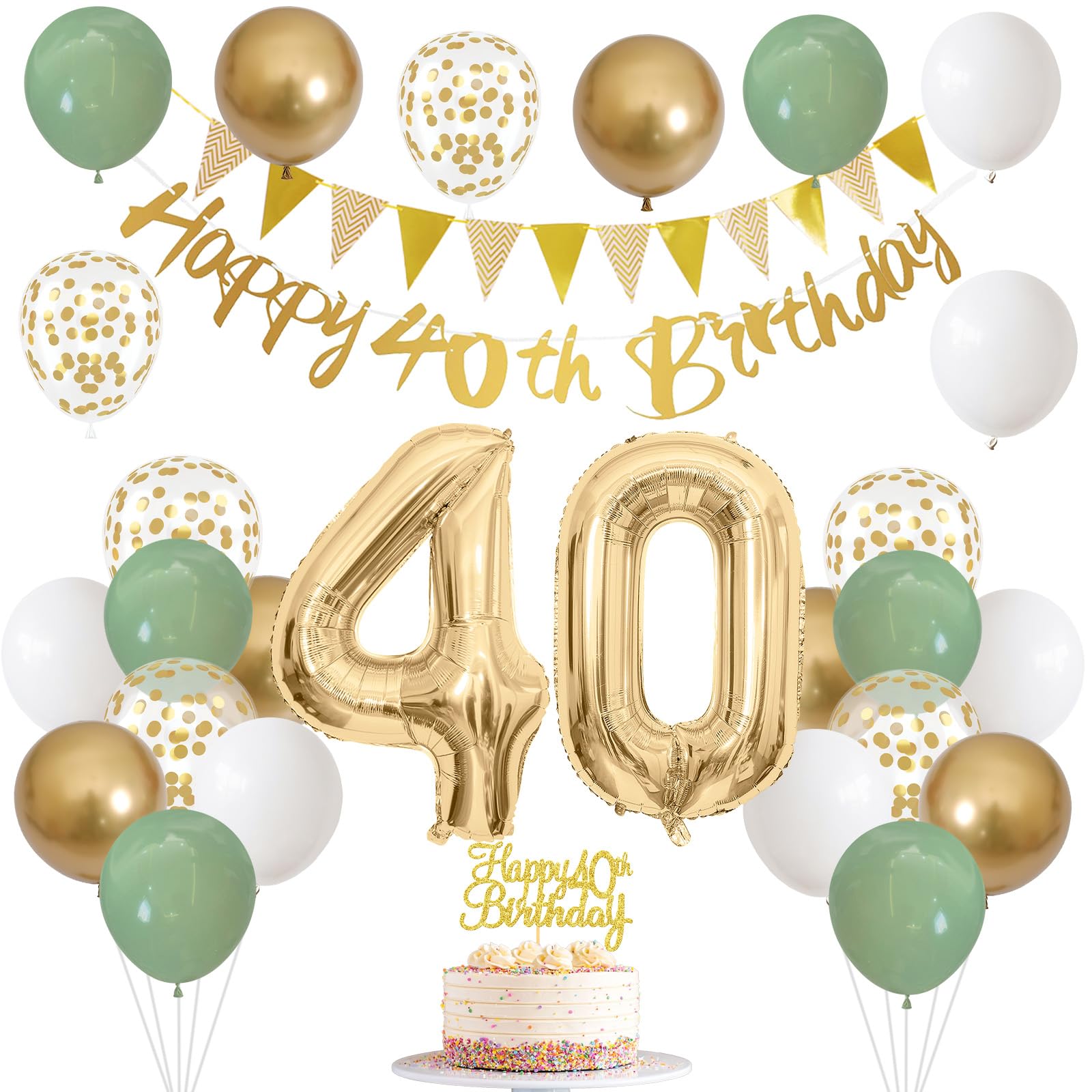 40th Birthday Decorations - Sage Green & Gold Balloon Party Kit