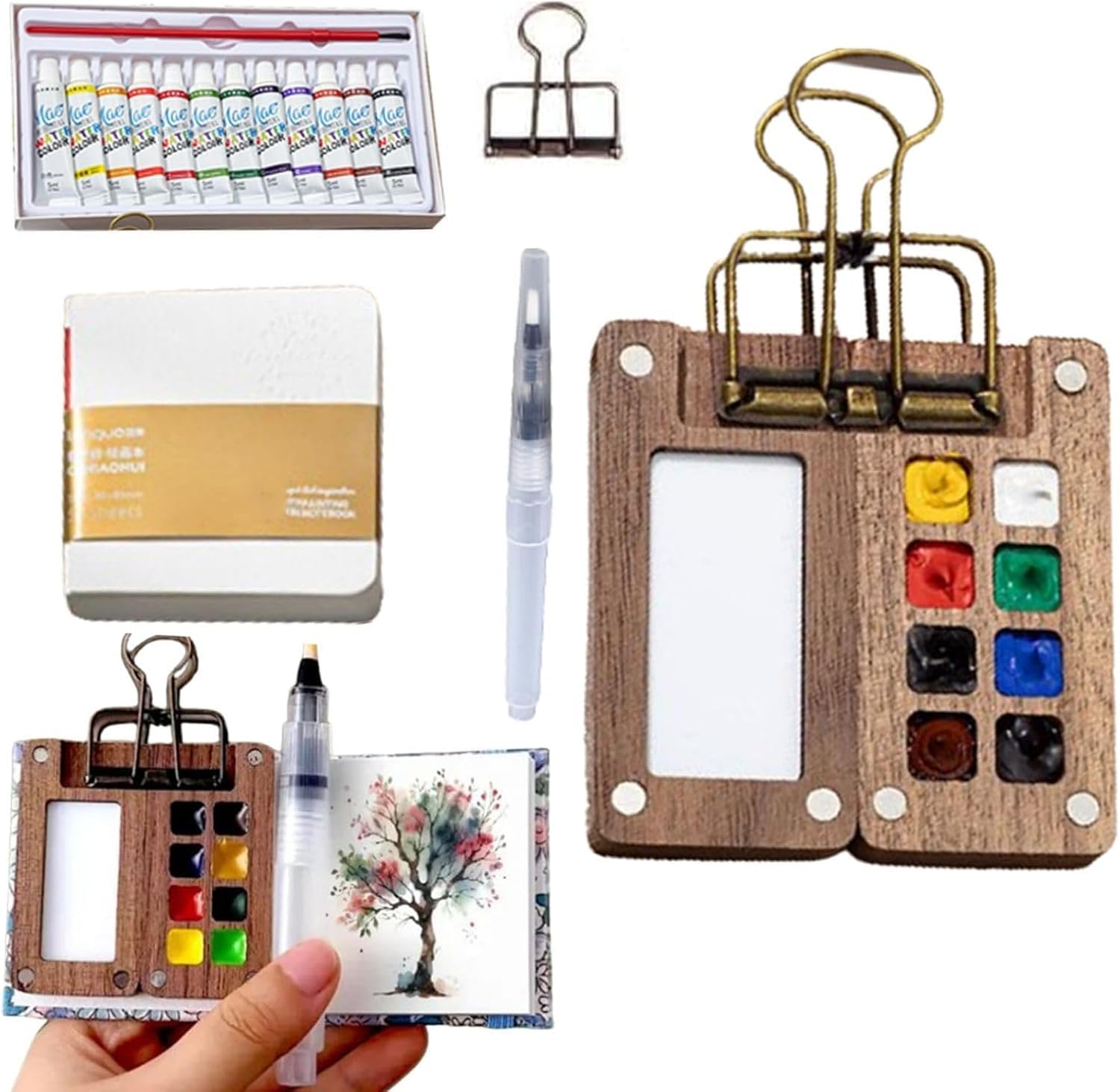 Mini Wooden Travel Watercolour Paint Set with 8 Grids