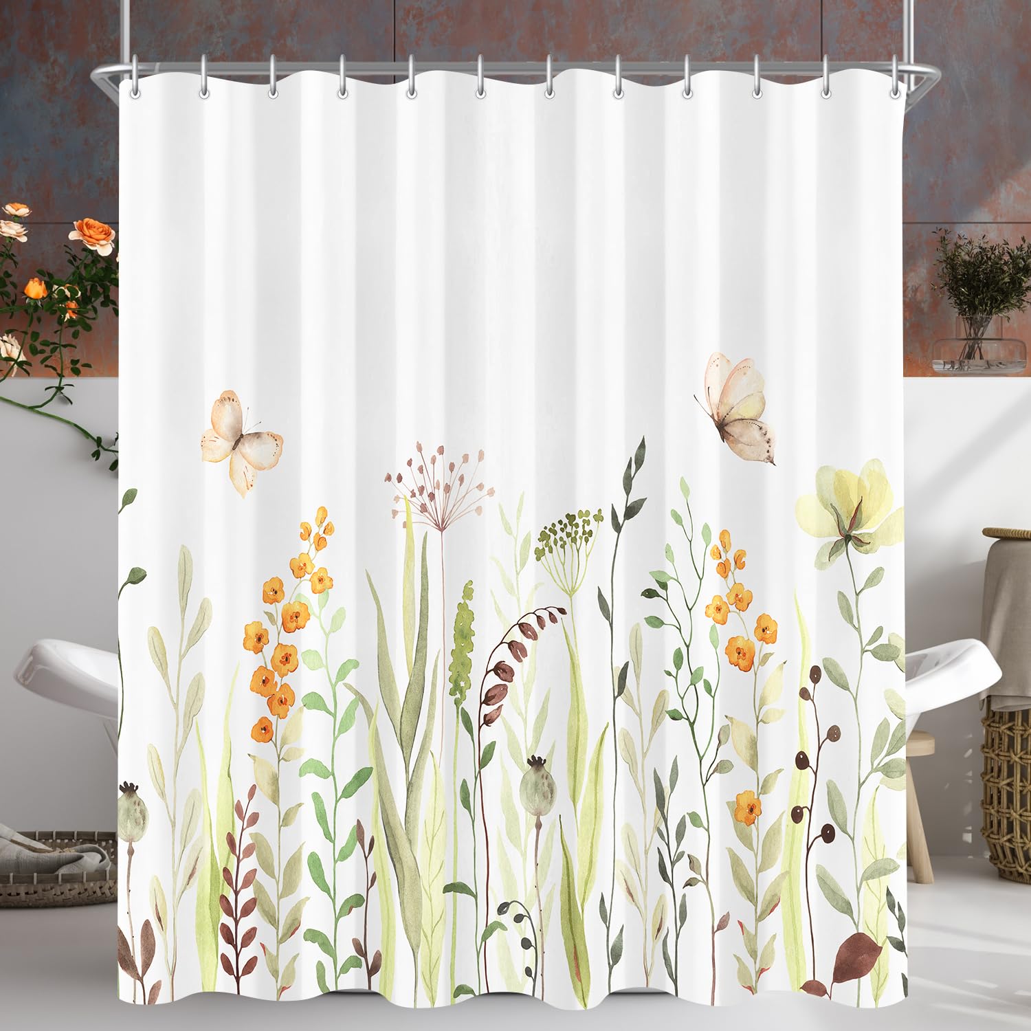 Jolof Store Butterfly Floral Shower Curtain | Anti-Mould Polyester 180x160cm
