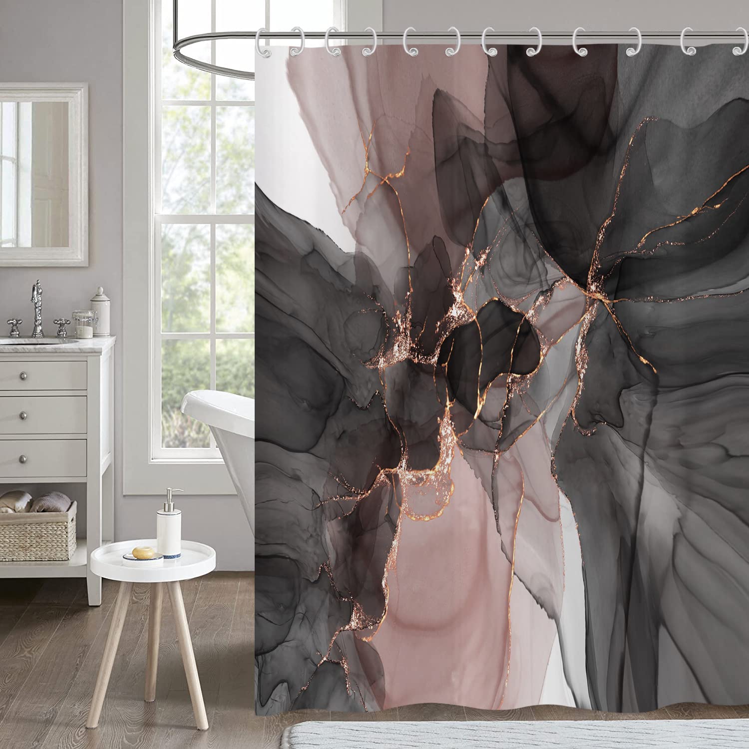 Hnmdmyi Marble Shower Curtain | Black & Pink Abstract Waterproof Polyester