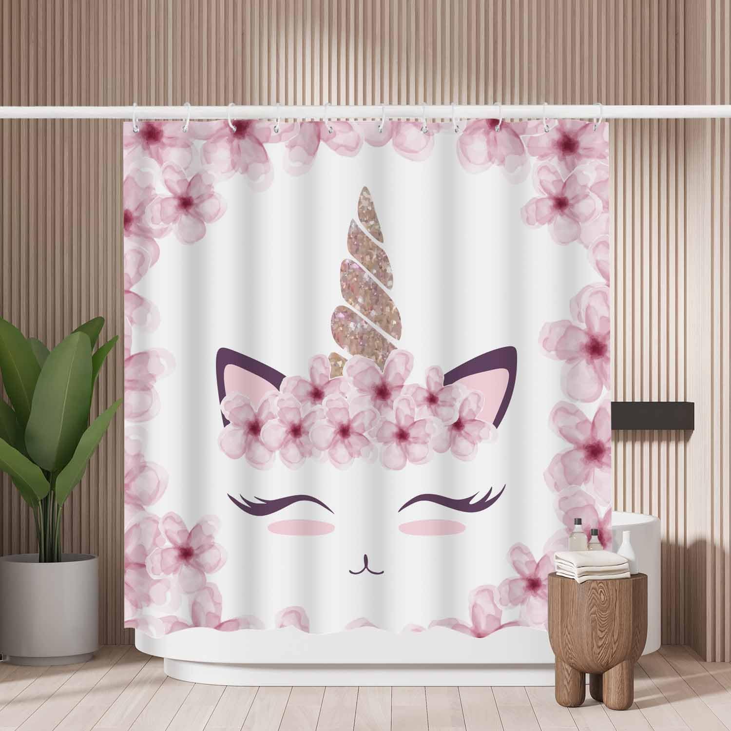 Jolof Store Pink Unicorn Shower Curtain – Mold Resistant Polyester