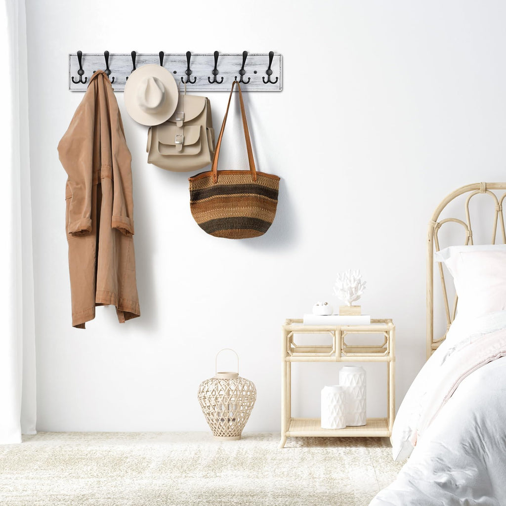 PHINGEER Wall Mounted Coat Rack | 8 Triple Hooks Heavy Duty Pine Wood
