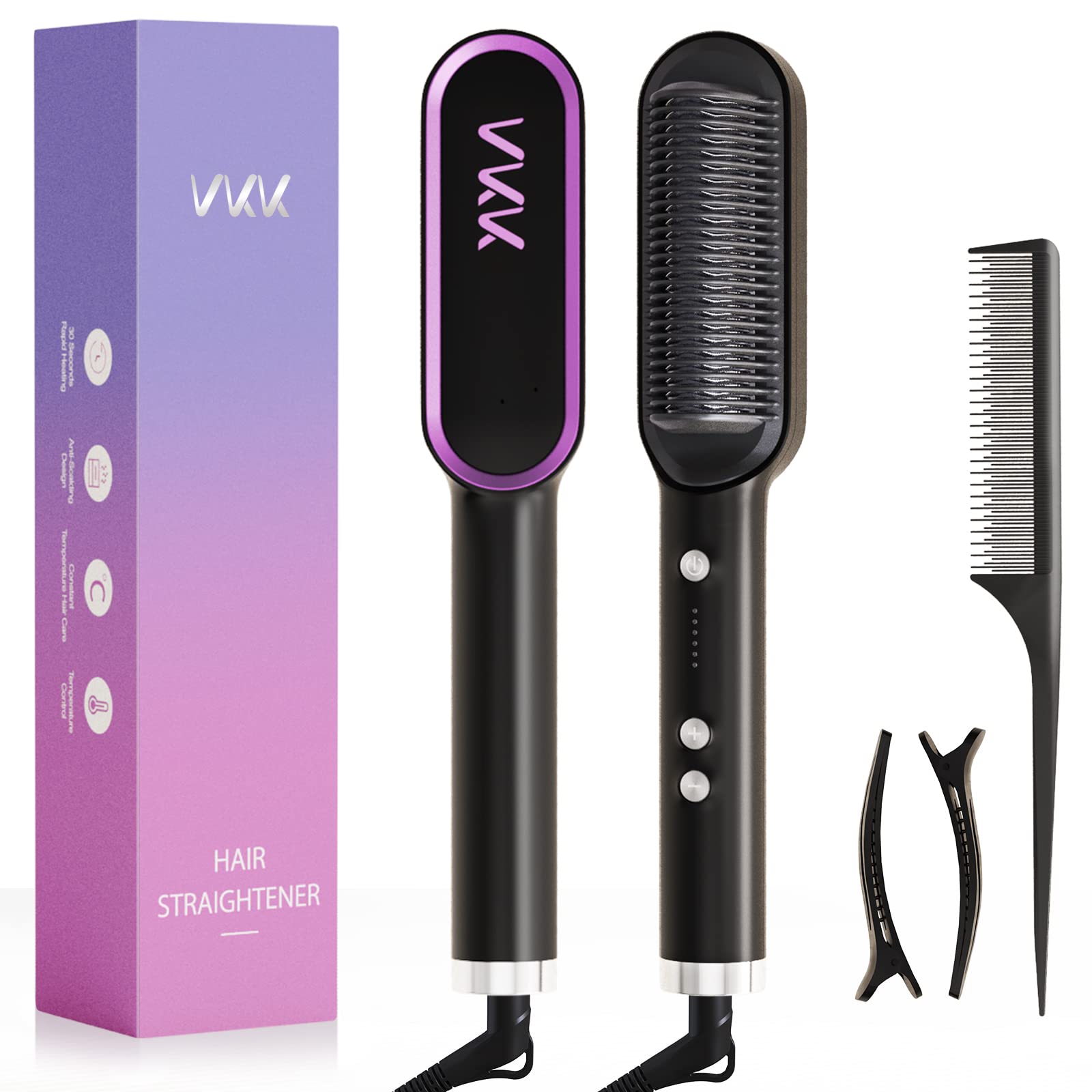 VKK Hair Straightener Brush | Fast Heating Ceramic Comb with 5 Temp Settings