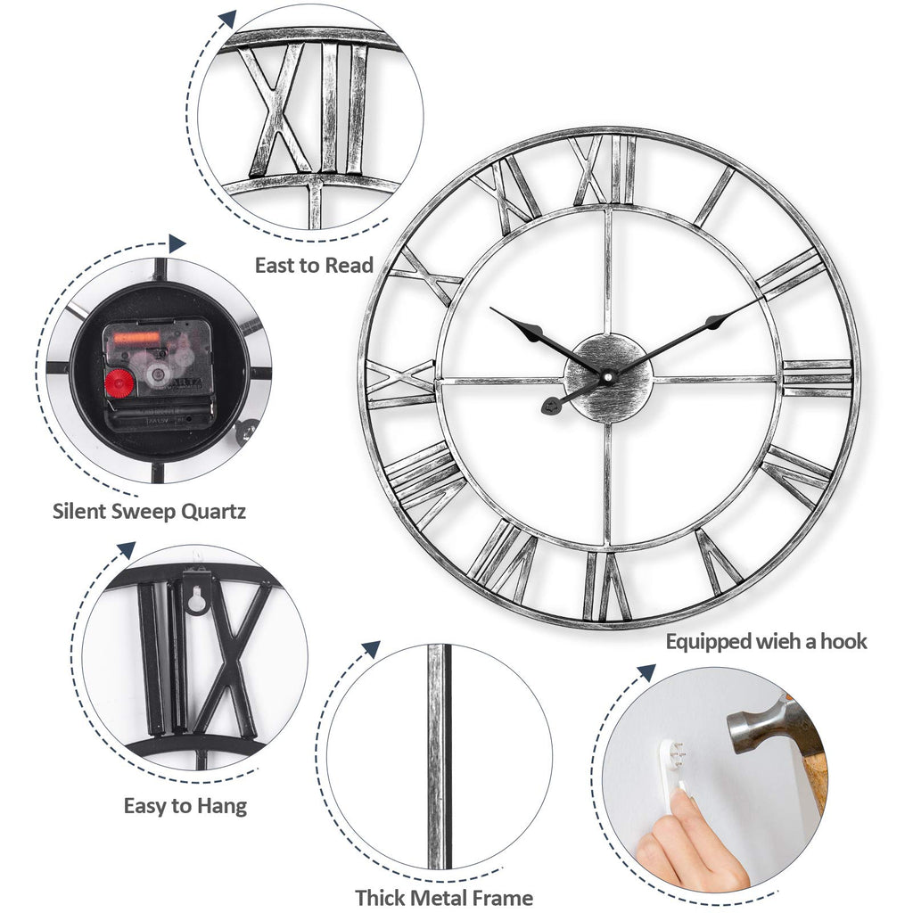 LENAUQ Silent Metal Wall Clock – 47cm Vintage Roman Numeral Skeleton Clock