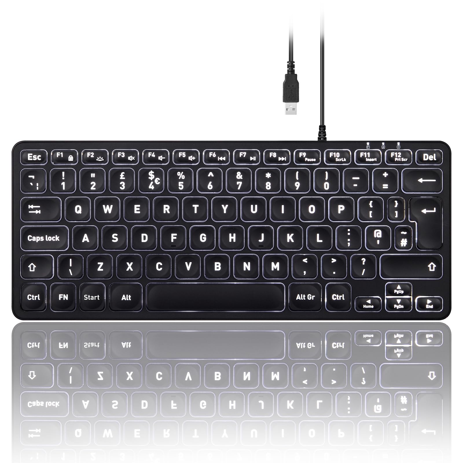 Perixx PERIBOARD-332 Backlit Mini Wired Keyboard | Large Font | UK QWERTY