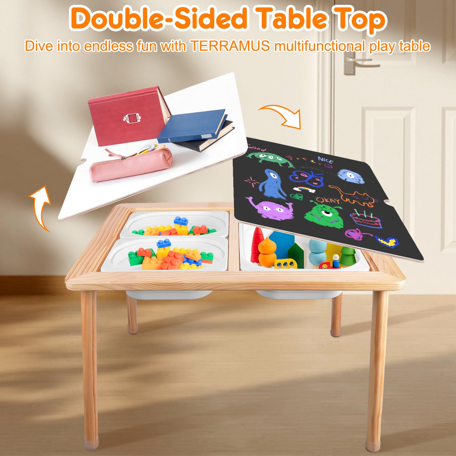 TERRASMUS Wooden Sensory Table | 3 Bins Activity Desk for Sand and Water