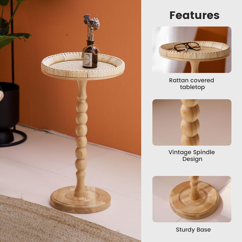 HuiDao Drink Table, Rattan Round Small Side Table for Small Spaces, Boho Circle Side Table Coffee Table with Solid Wood Leg for Living Room - image 3