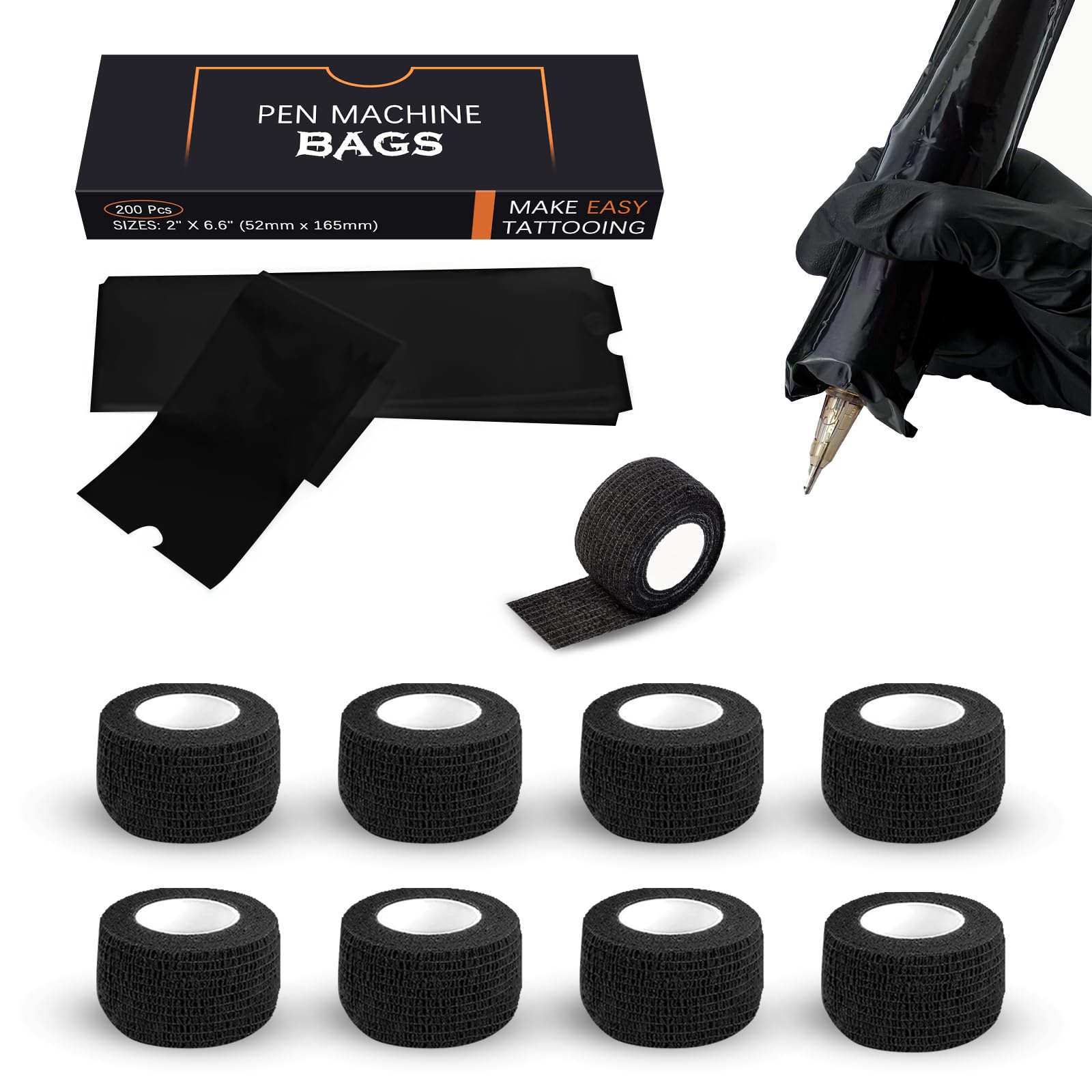 EZ Tattoo Machine Pen Covers and Grip Tape Set - 200 Sleeves & 9 Wraps