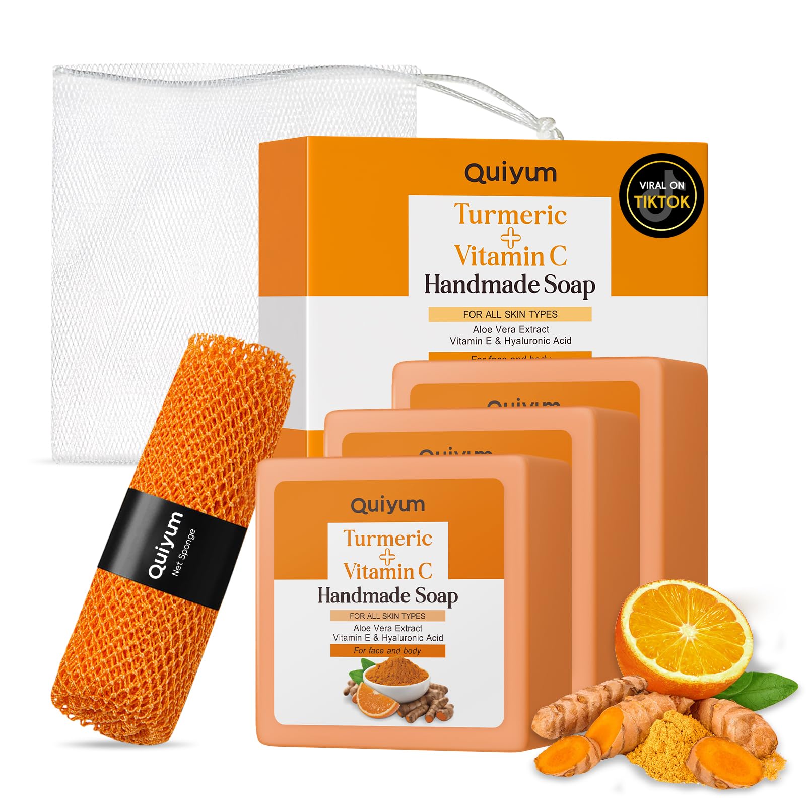 Quiyum Turmeric Vitamin C Soap Bar Set with Exfoliating African Net Sponge