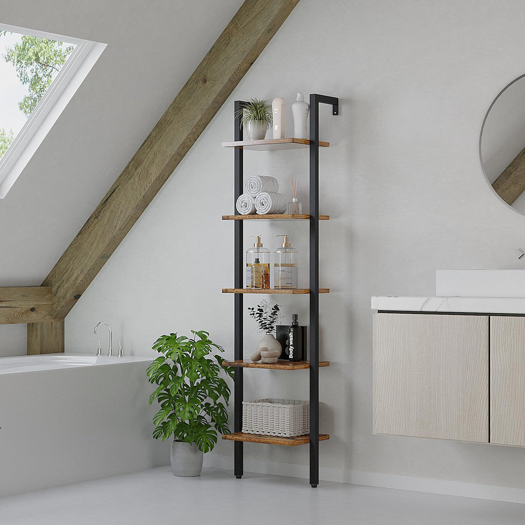 YMYNY 5-Tier Wall Mounted Ladder Shelf – Industrial Metal Bookcase Rack
