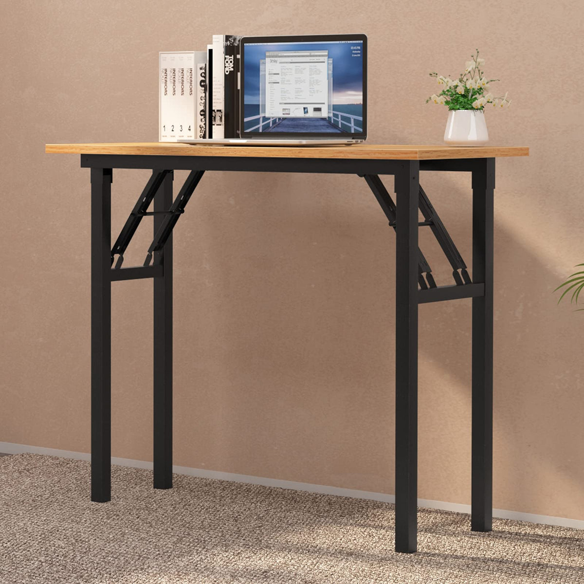 sogesfurniture Folding Table Office Study Writing Desk Workstation Dining Table, No Install Needed, 80x40x75cm, Teak&Black BHEU-LP-AC5YB-8040 - image 4