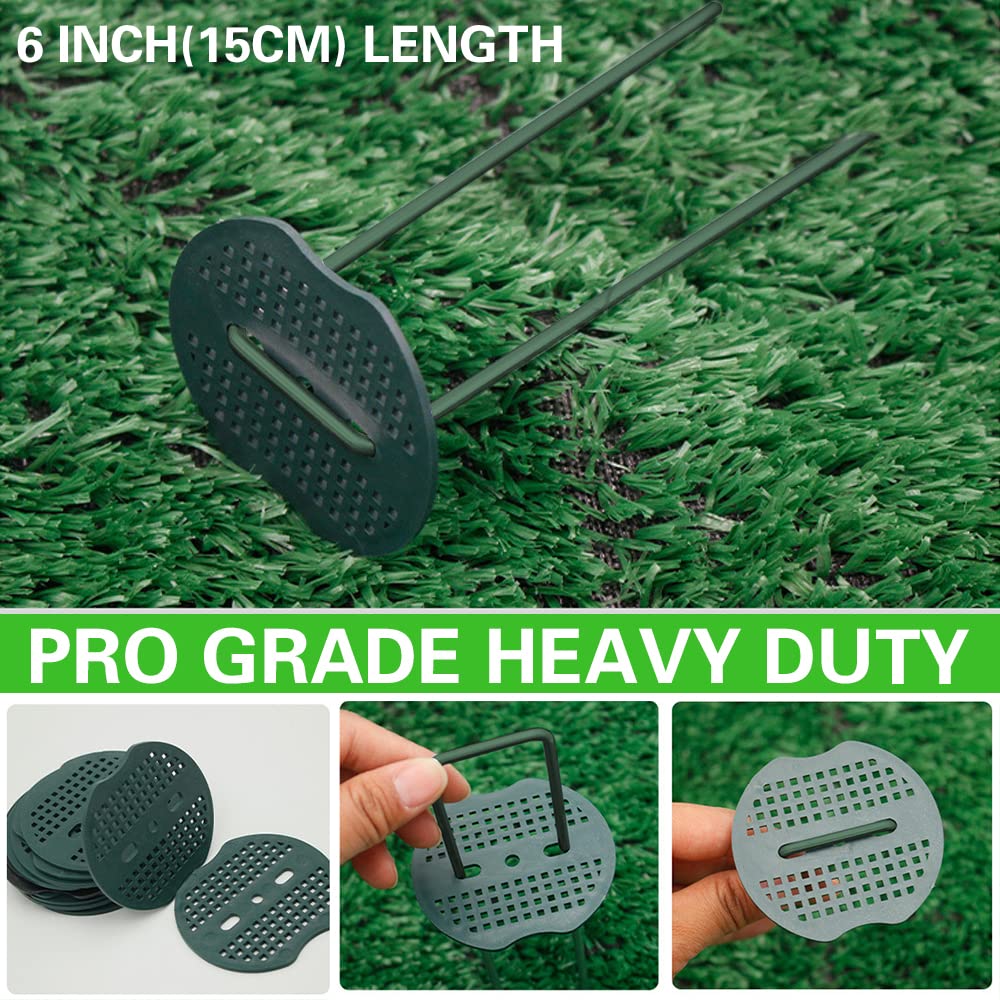 Bakulyor 200 Green Garden Pegs | 6" Steel Landscape Staples with Washers