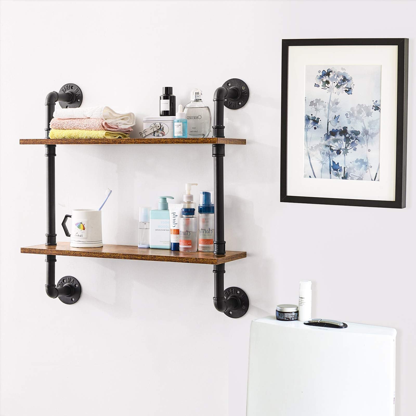 IBUYKE Industrial Pipe Floating Shelves – 2-Tier Wood Wall Storage Unit