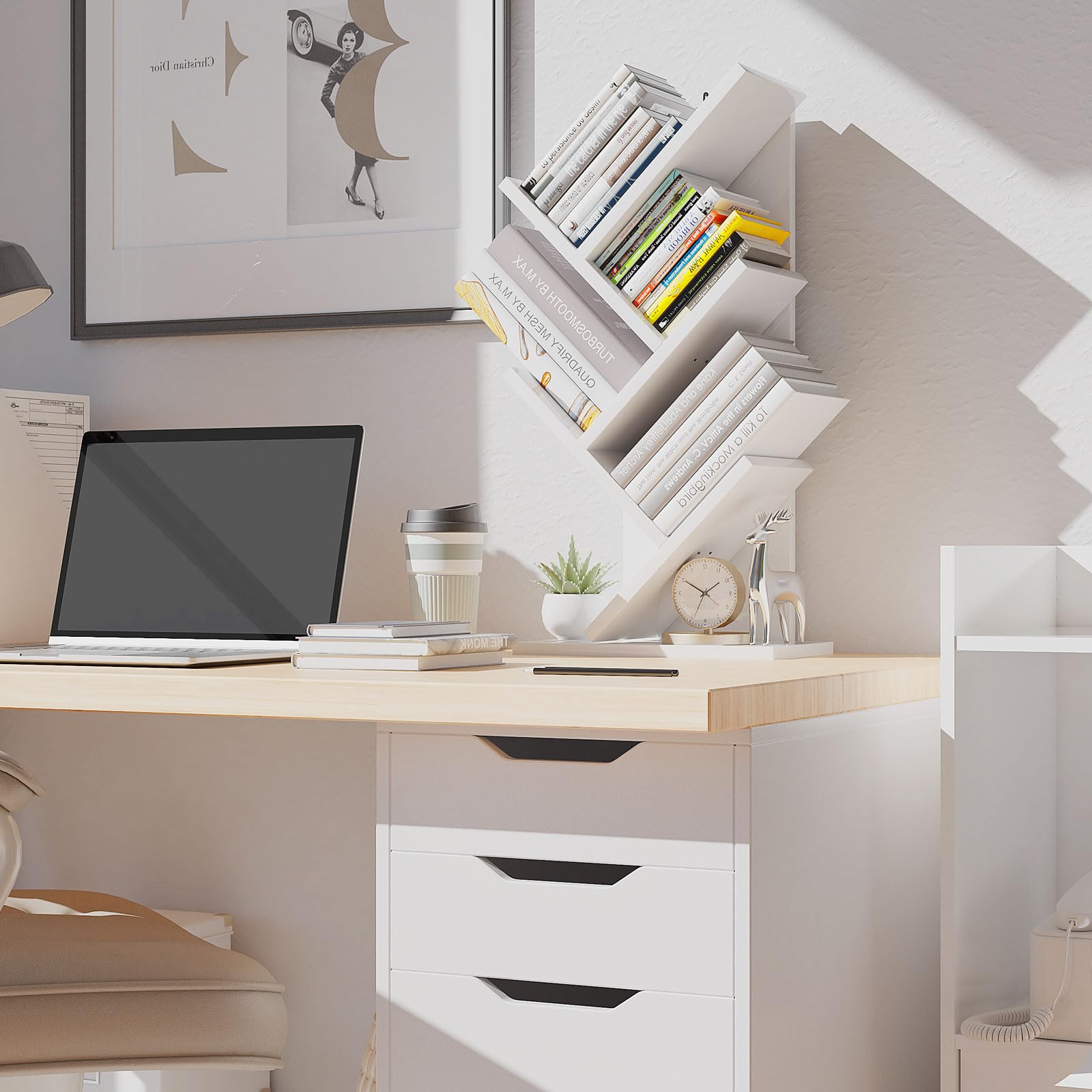 YMYNY 4-Tier Tree Bookshelf | Modern Wood Narrow Display Rack, White