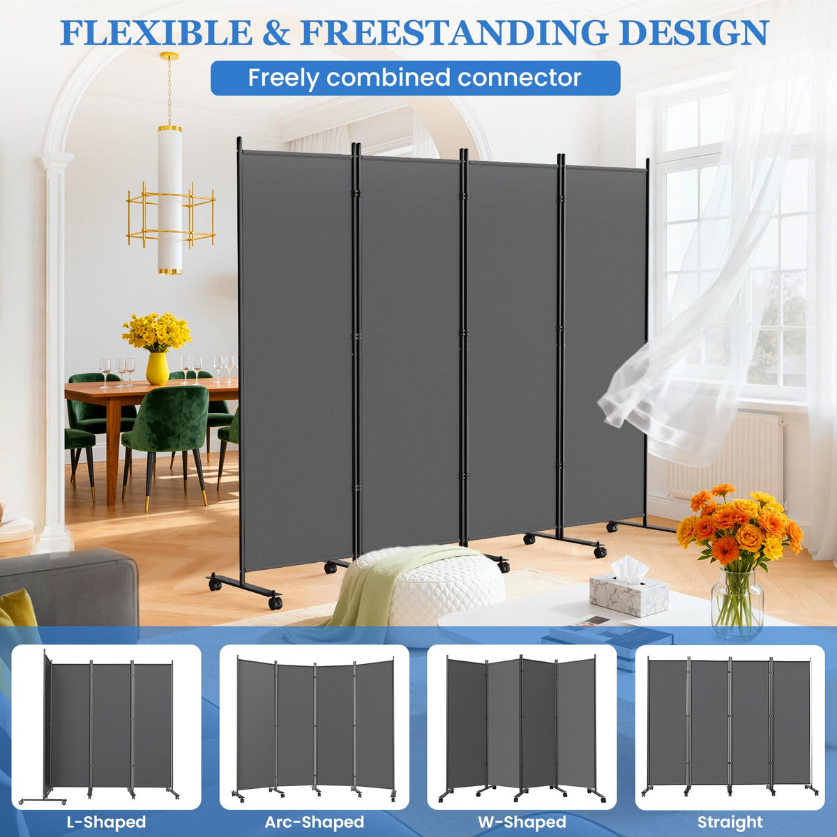 6 Panel Room Divider 183CM Folding Privacy Screens with Lockable Wheels - image 3