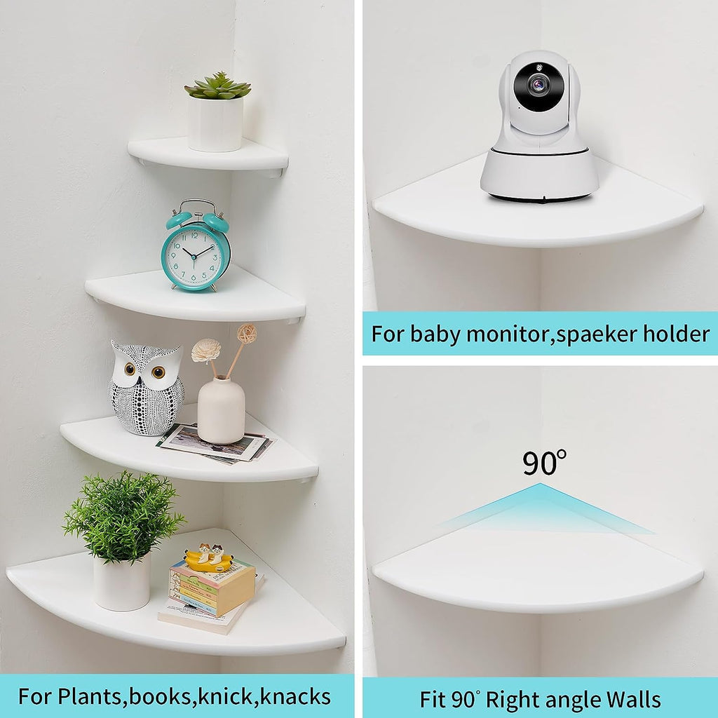 GIEANOO Solid Oak Wood Corner Floating Shelves - Set of 2 White Wall Mount