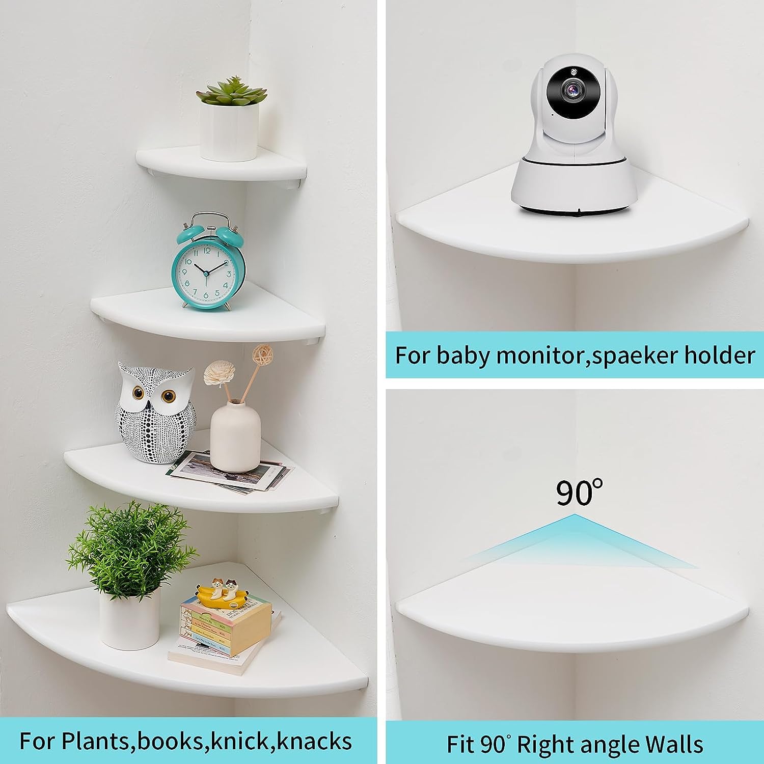 GIEANOO Solid Oak Wood Corner Floating Shelves - Set of 2 White Wall Mount