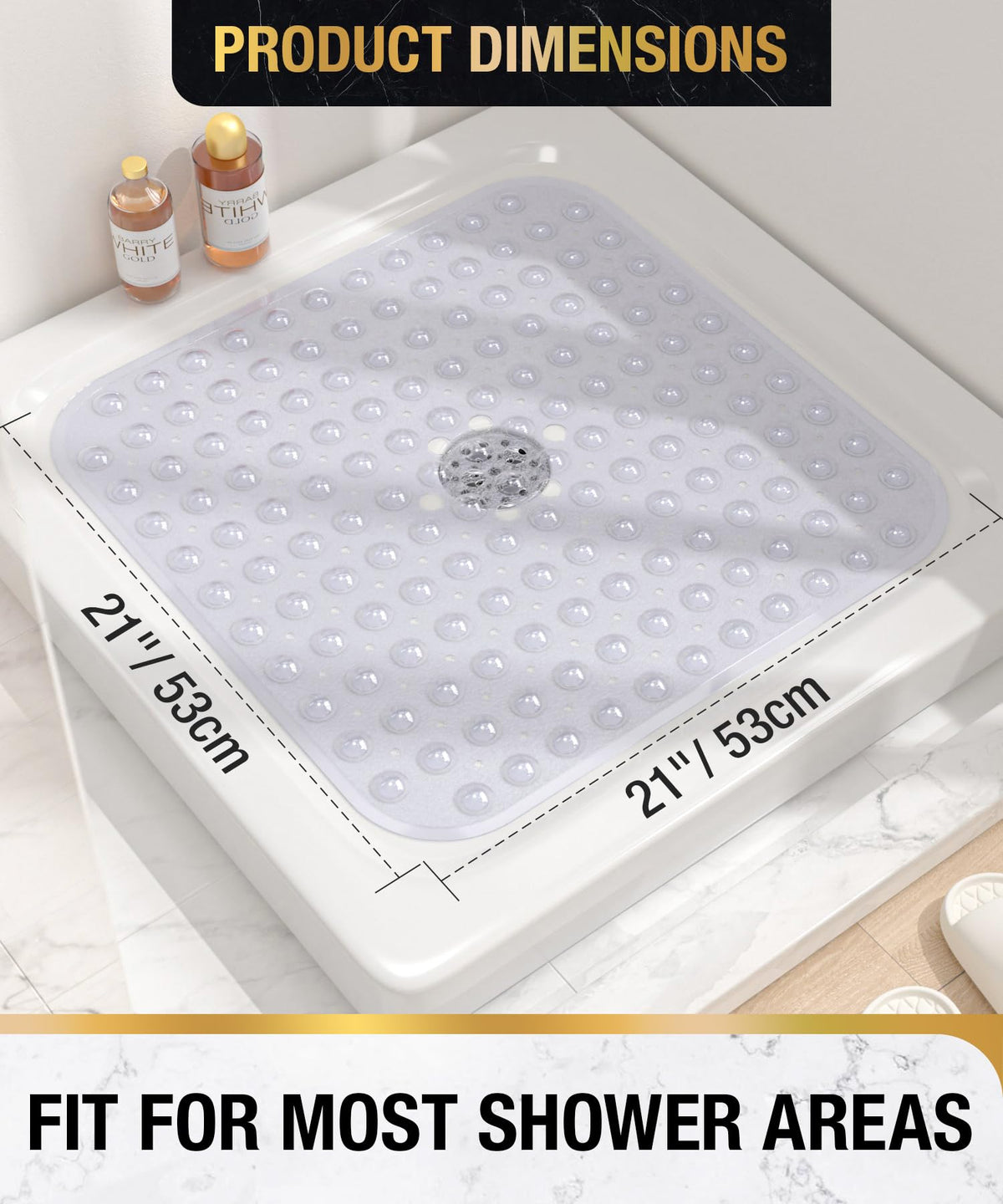 HITSLAM Square Shower Mat Non Slip Anti Mould, 53 x 53cm Bath Mat for Tub with Suction Cups and Drain Holes - image 2
