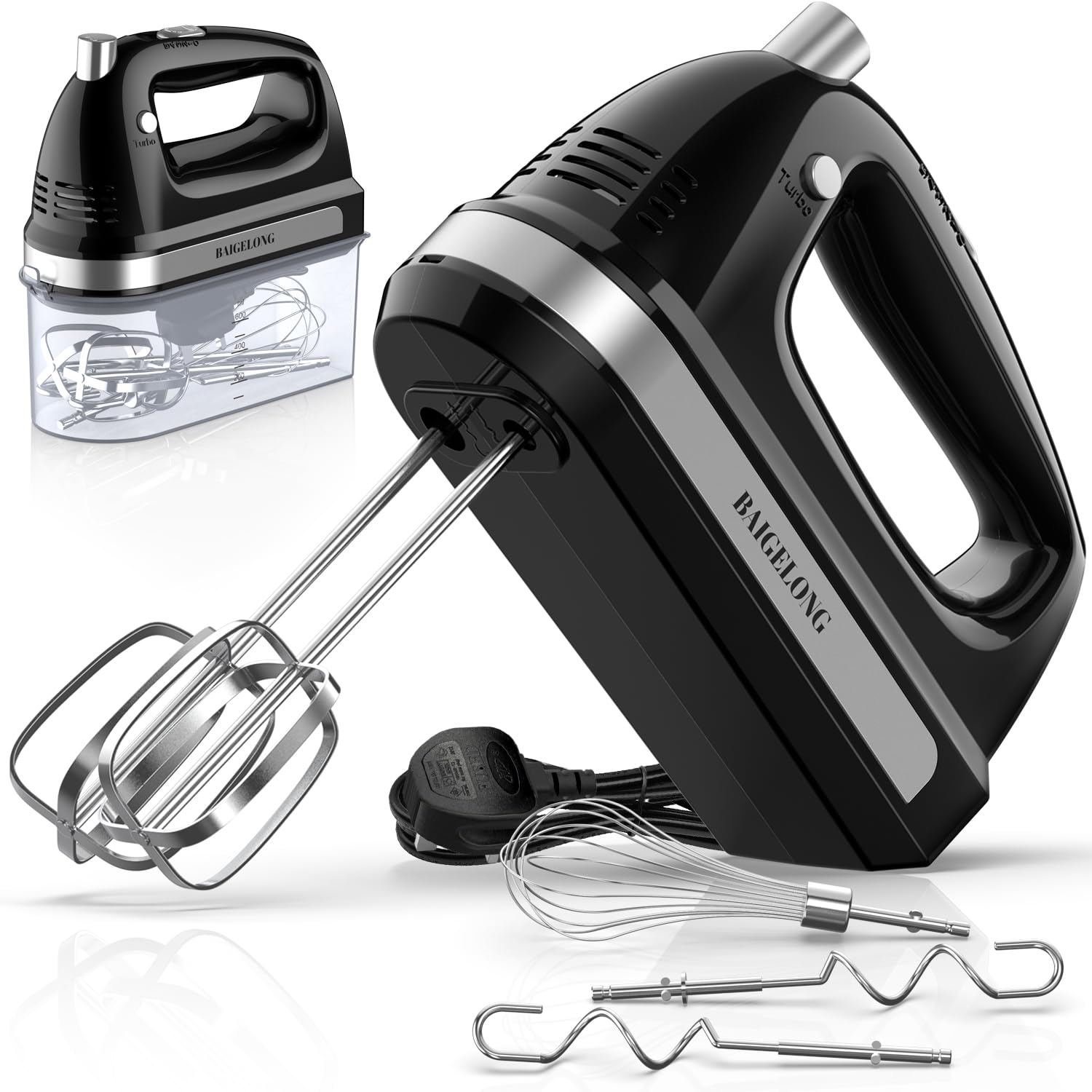 BAIGELONG Hand Electric Mixer - 300W 5-Speed Kitchen Blender, Black